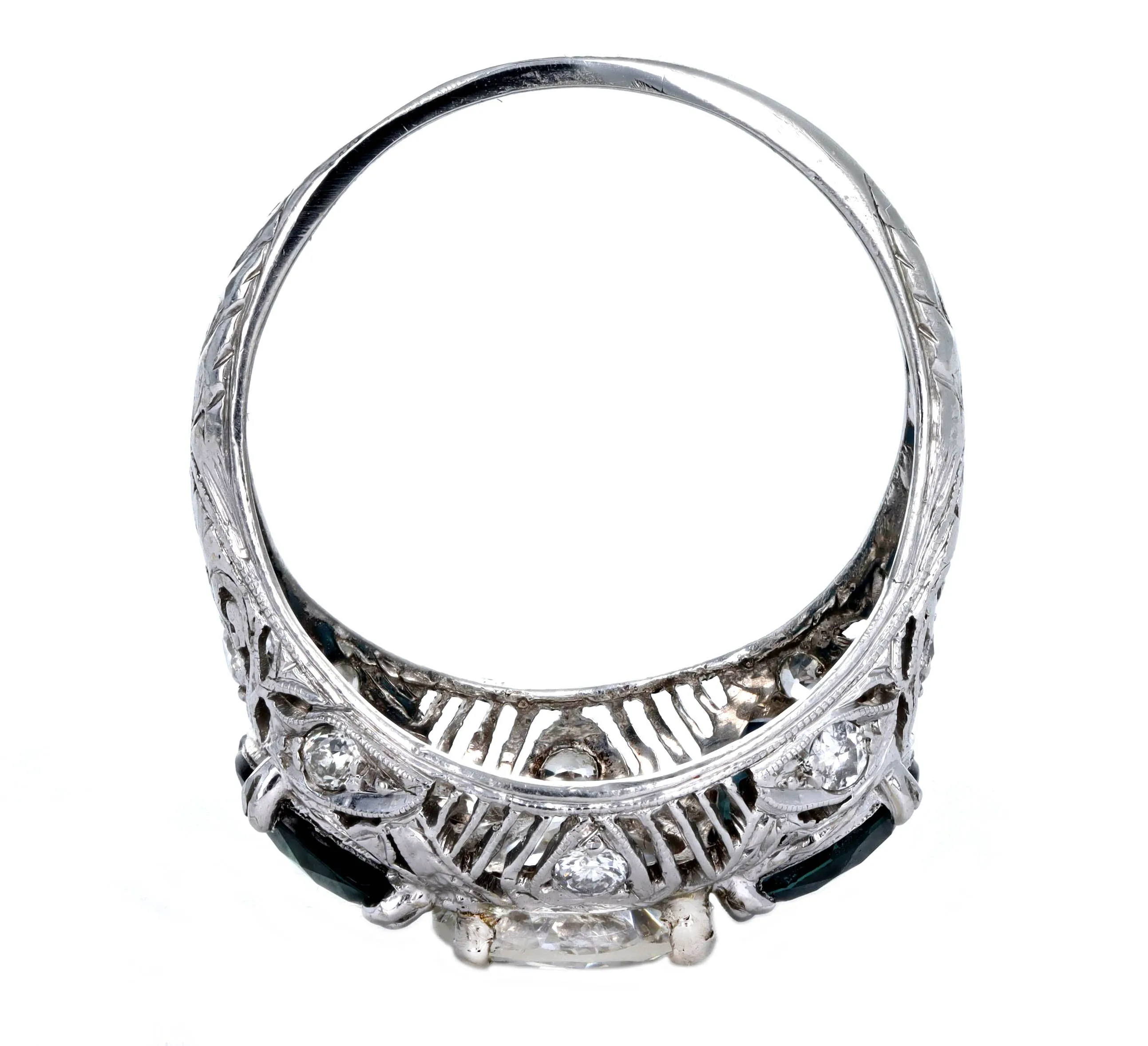 Art Deco 1.47 Carat Old European Diamond Three Stone Sapphire Ring in Platinum GIA Certified