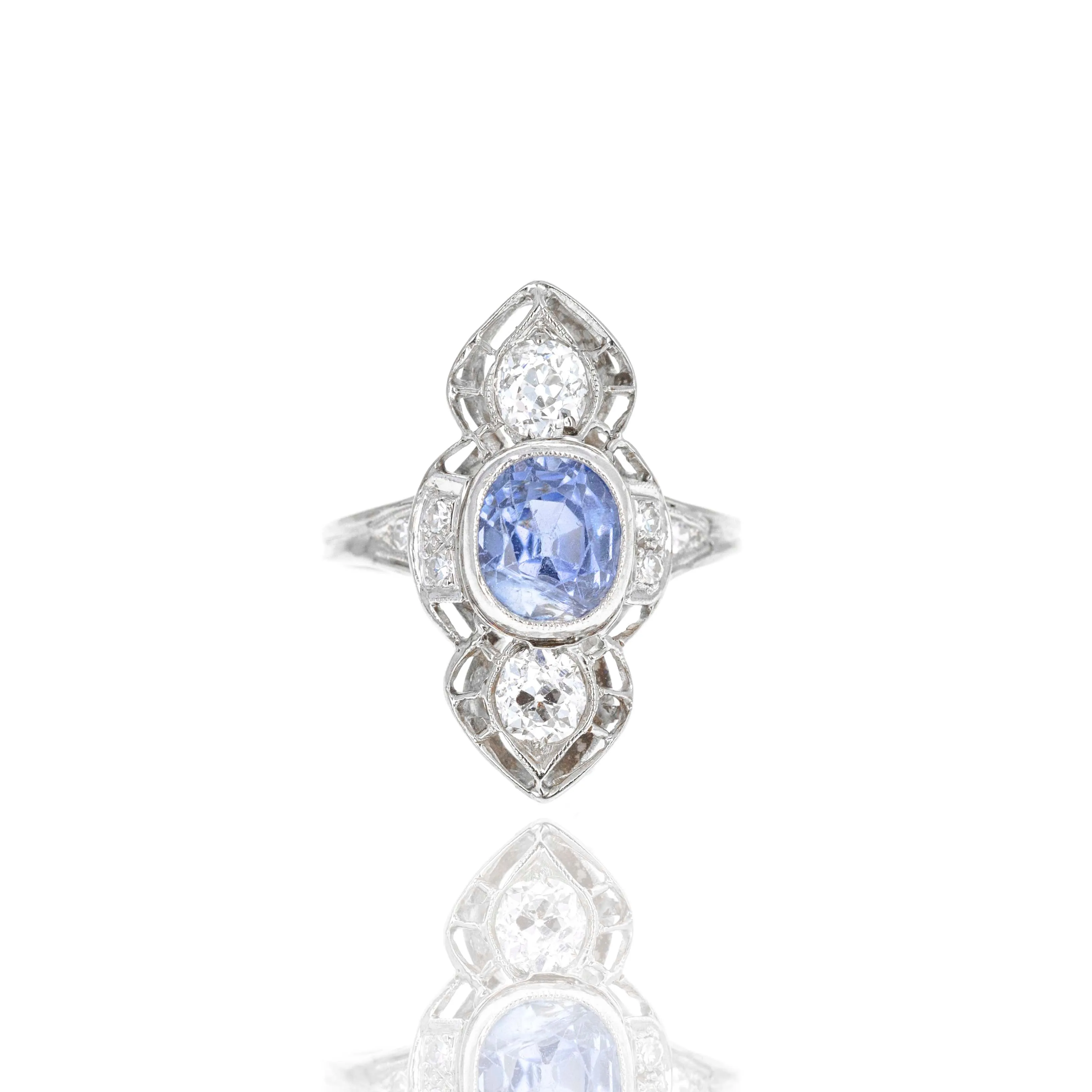Art Deco 14K White Gold 2.20 Carat Sapphire Old European Diamond Ring
