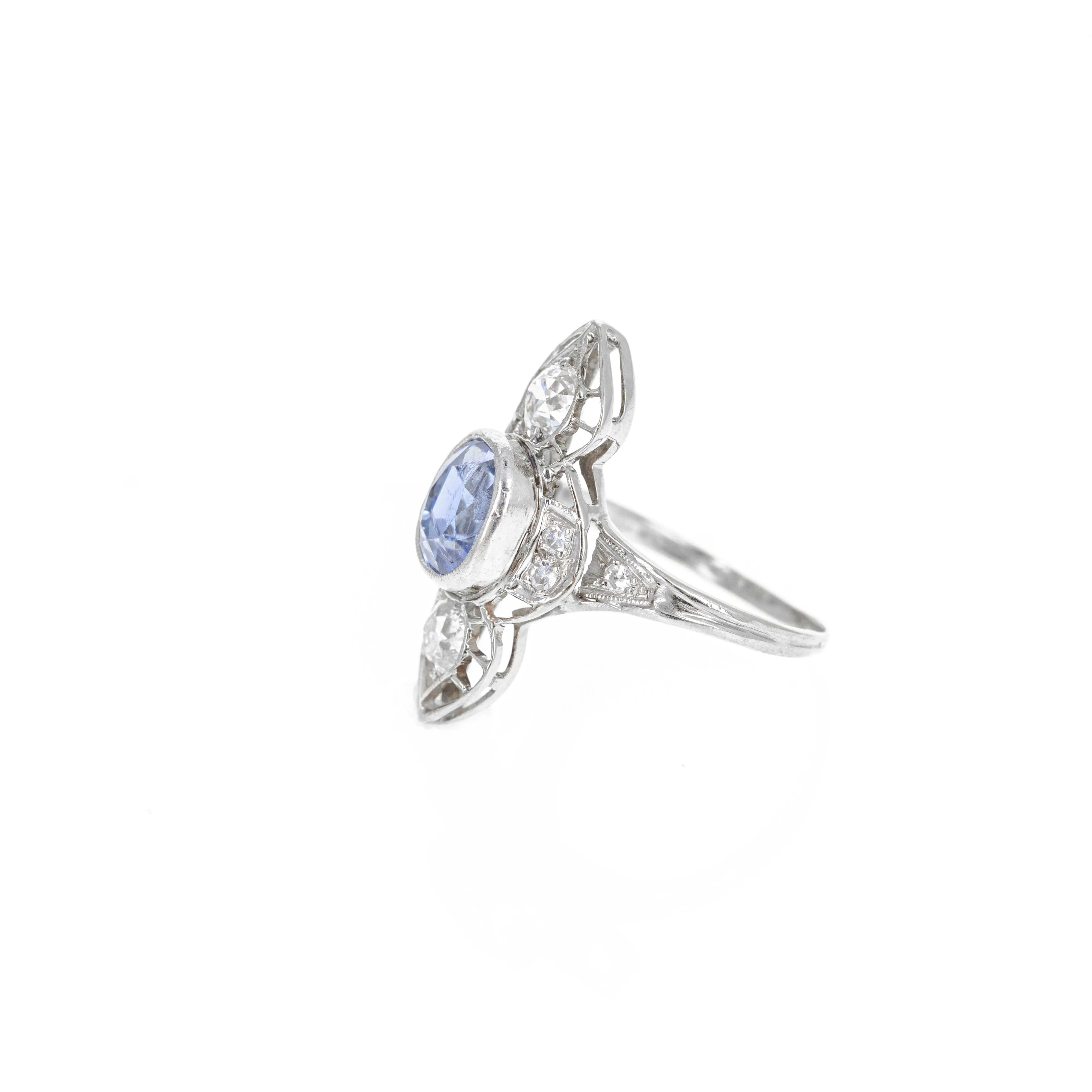 Art Deco 14K White Gold 2.20 Carat Sapphire Old European Diamond Ring