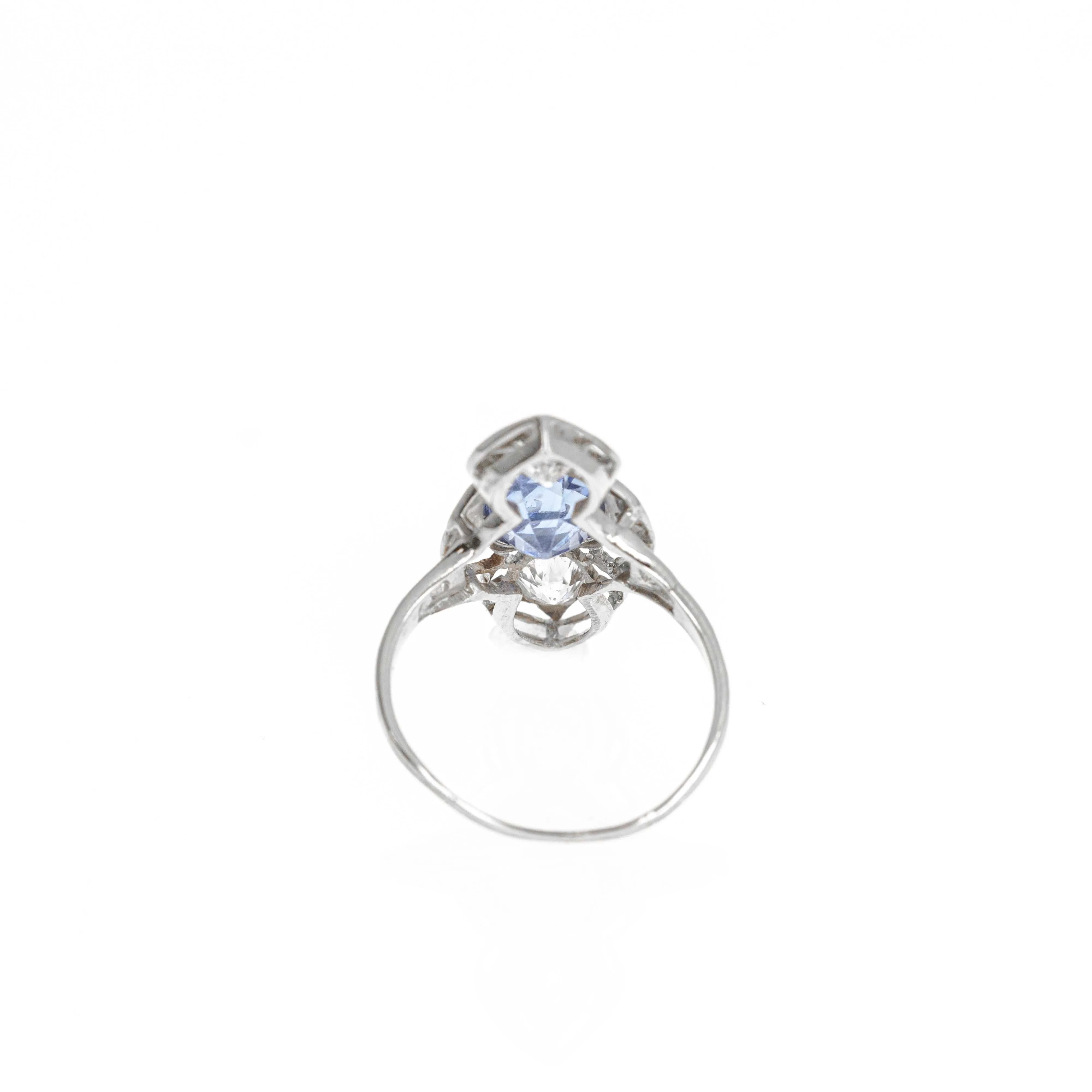 Art Deco 14K White Gold 2.20 Carat Sapphire Old European Diamond Ring