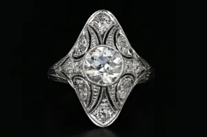 Art Deco 18K White Gold 1.15 Carat Old European Cut Diamond Shield Ring GIA Certified