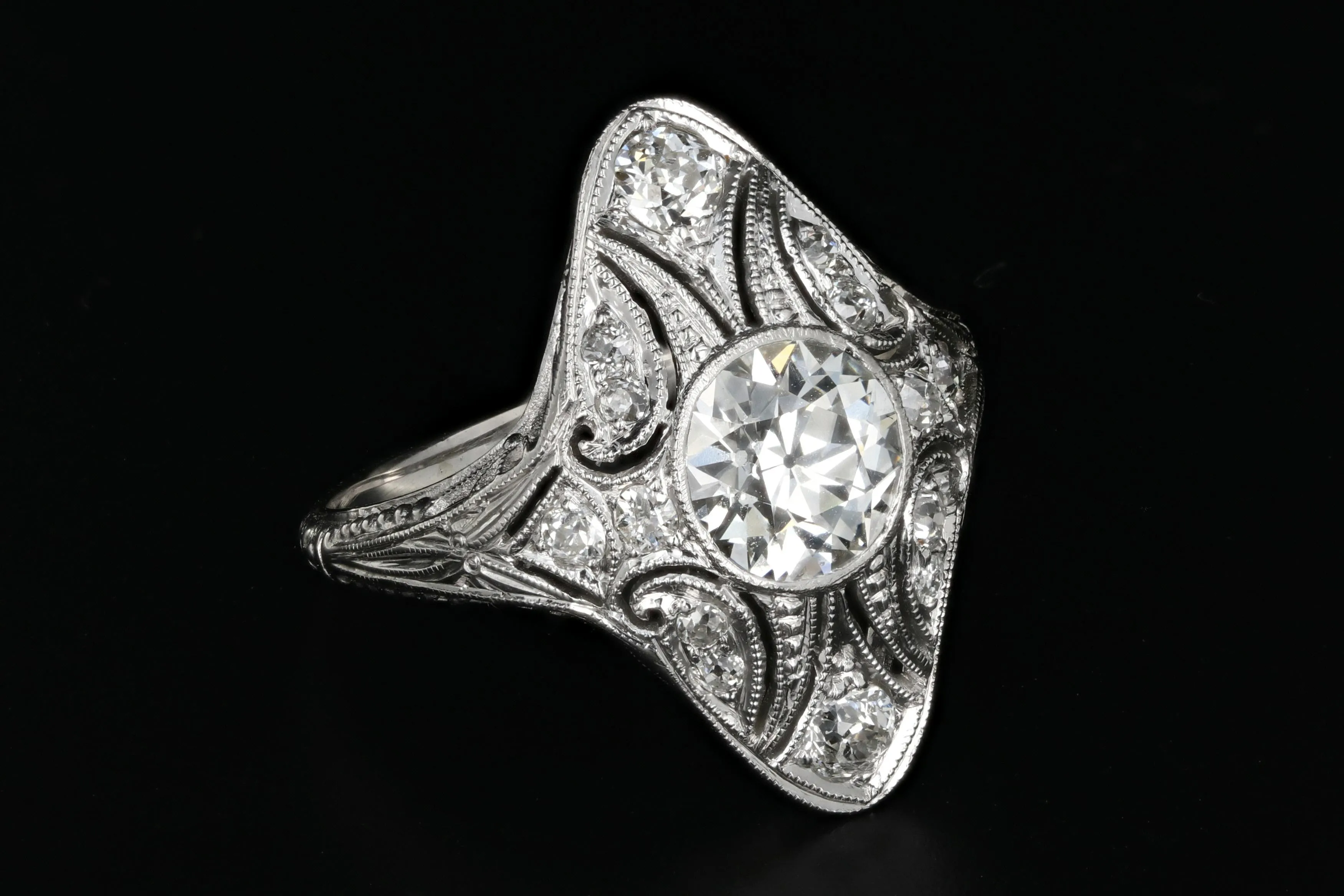Art Deco 18K White Gold 1.15 Carat Old European Cut Diamond Shield Ring GIA Certified