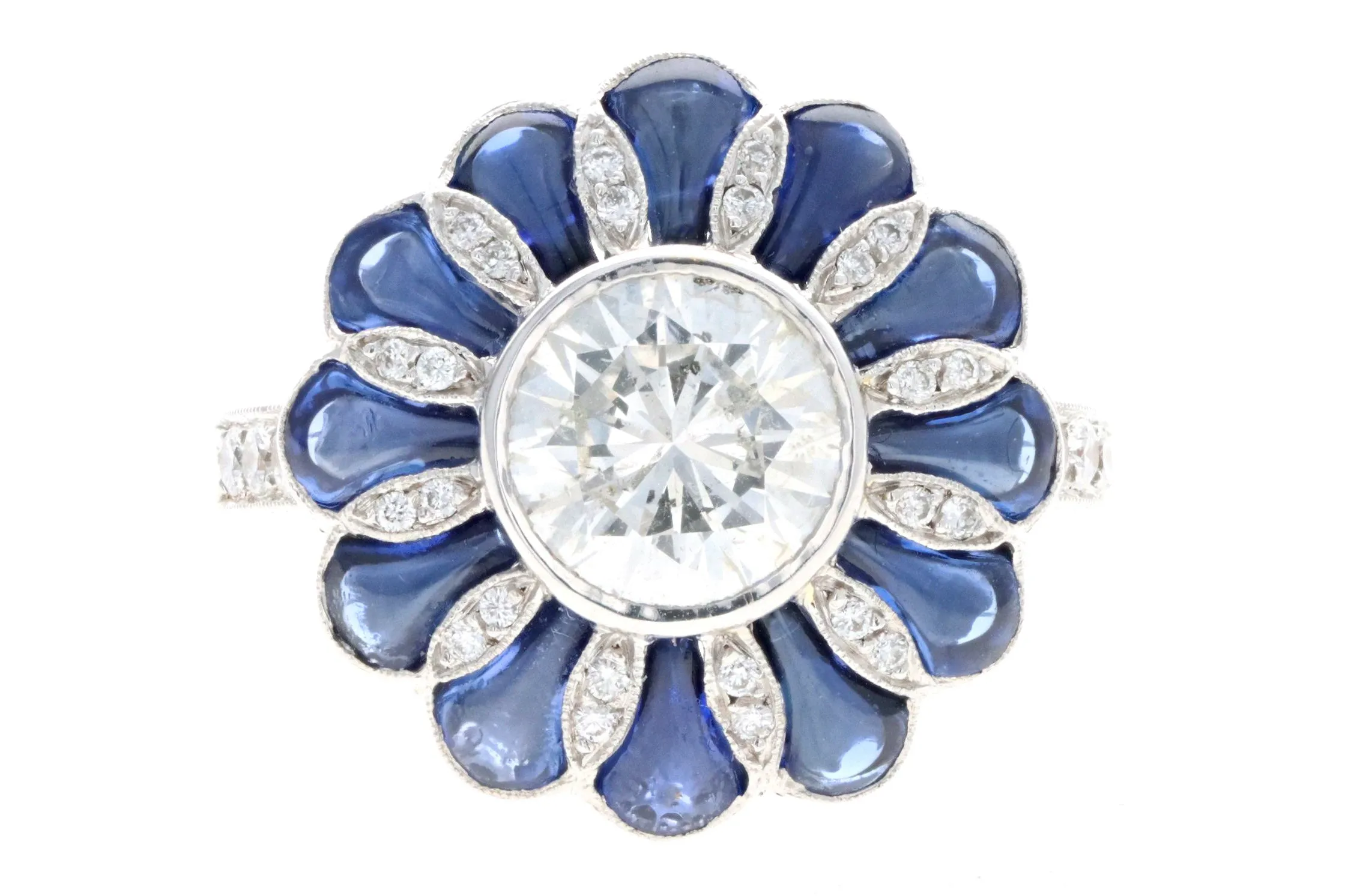 Art Deco Inspired 2.06 Carat Round Brilliant Diamond & Synthetic Sapphire Flower Ring