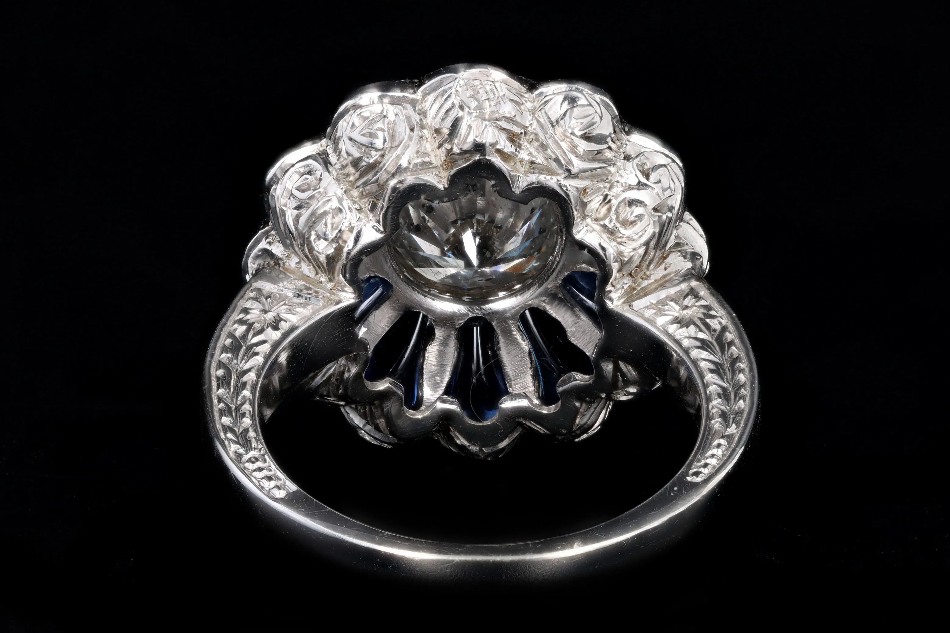 Art Deco Inspired 2.06 Carat Round Brilliant Diamond & Synthetic Sapphire Flower Ring