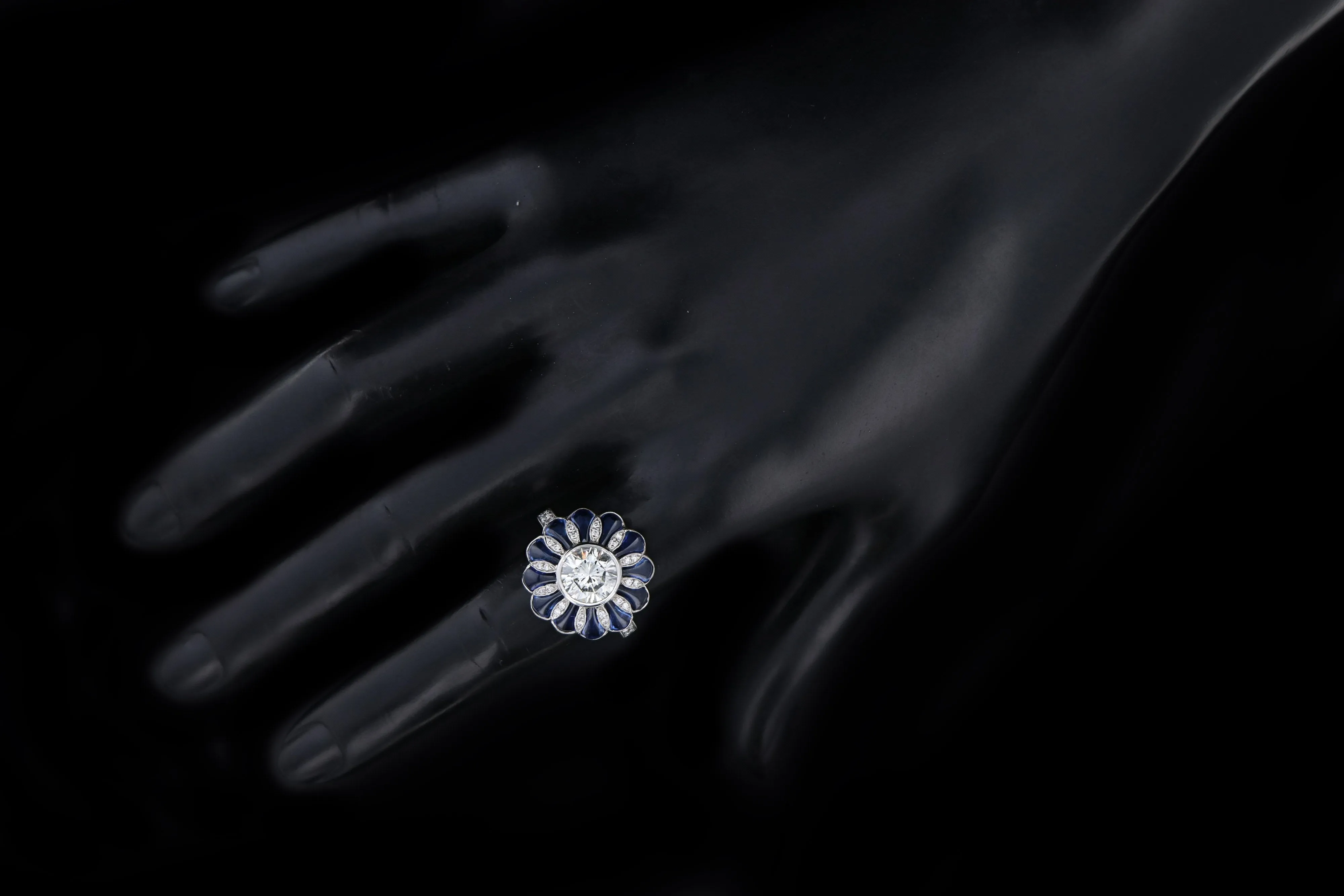 Art Deco Inspired 2.06 Carat Round Brilliant Diamond & Synthetic Sapphire Flower Ring