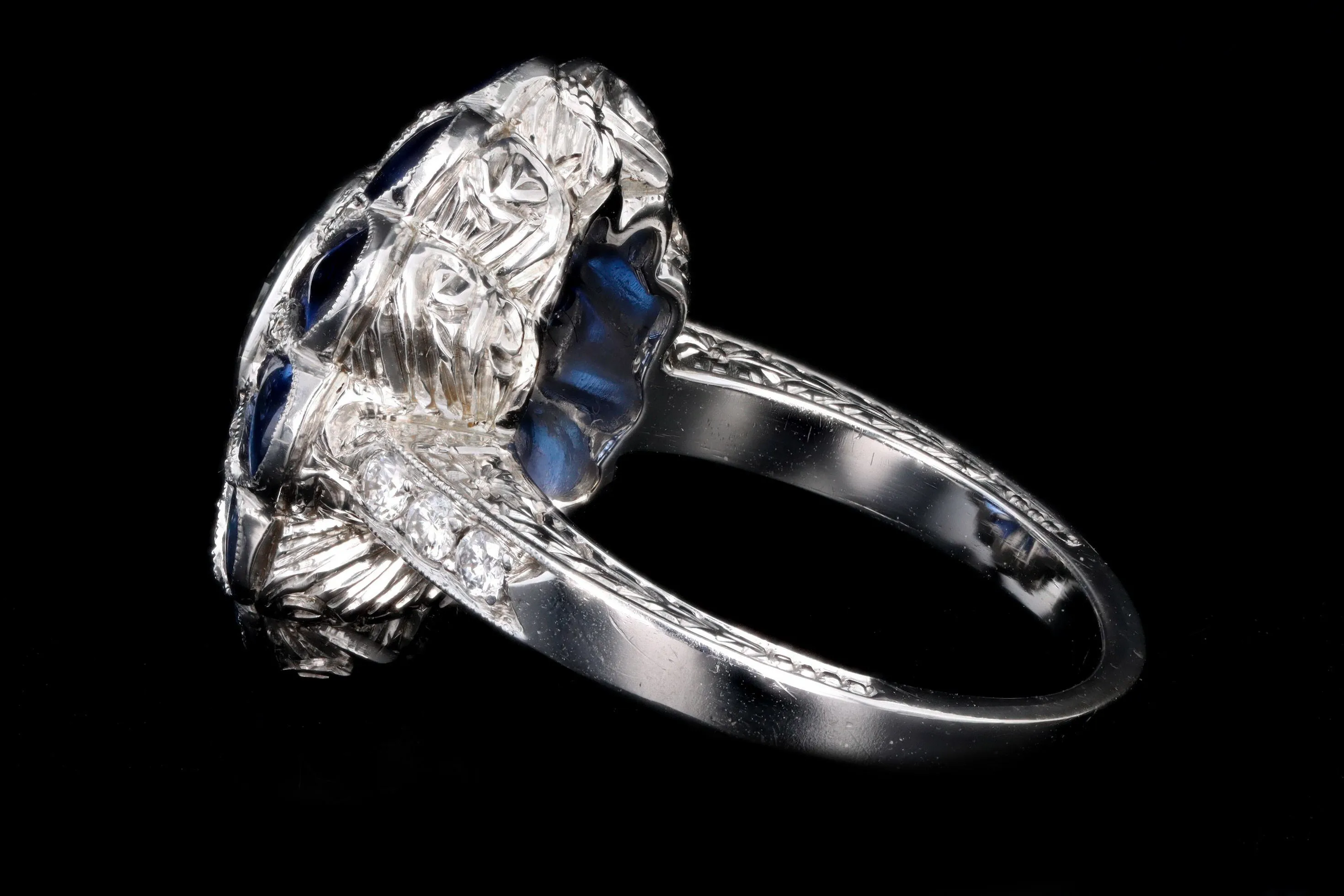 Art Deco Inspired 2.06 Carat Round Brilliant Diamond & Synthetic Sapphire Flower Ring