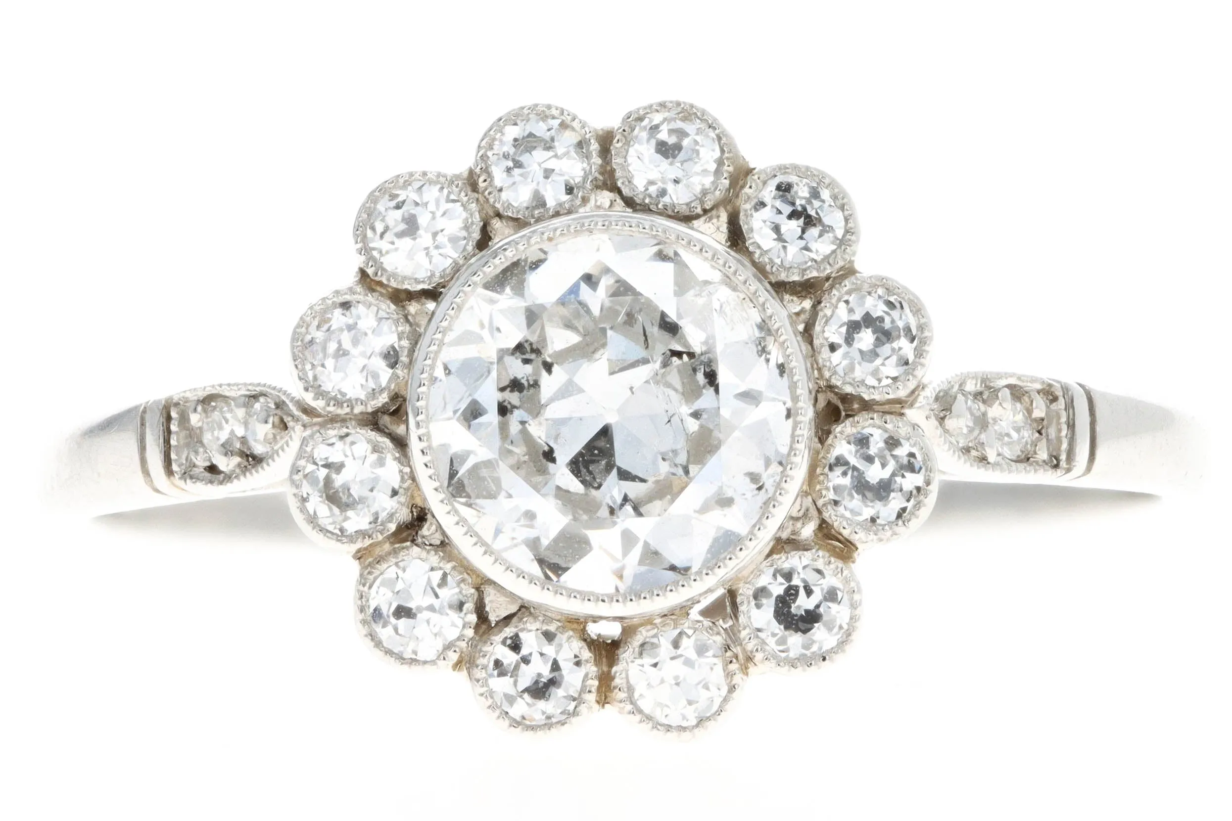 Art Deco Inspired Platinum 0.74 Carat Old European Cut Diamond Cluster Halo Engagement Ring