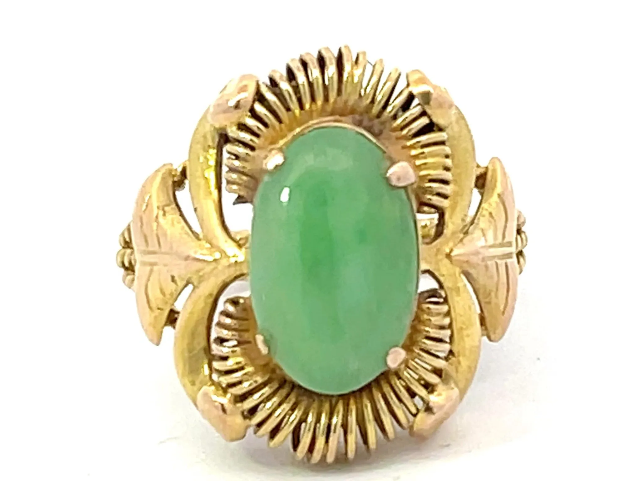 Art Deco Oval Jade Ring in 14K Yellow Gold