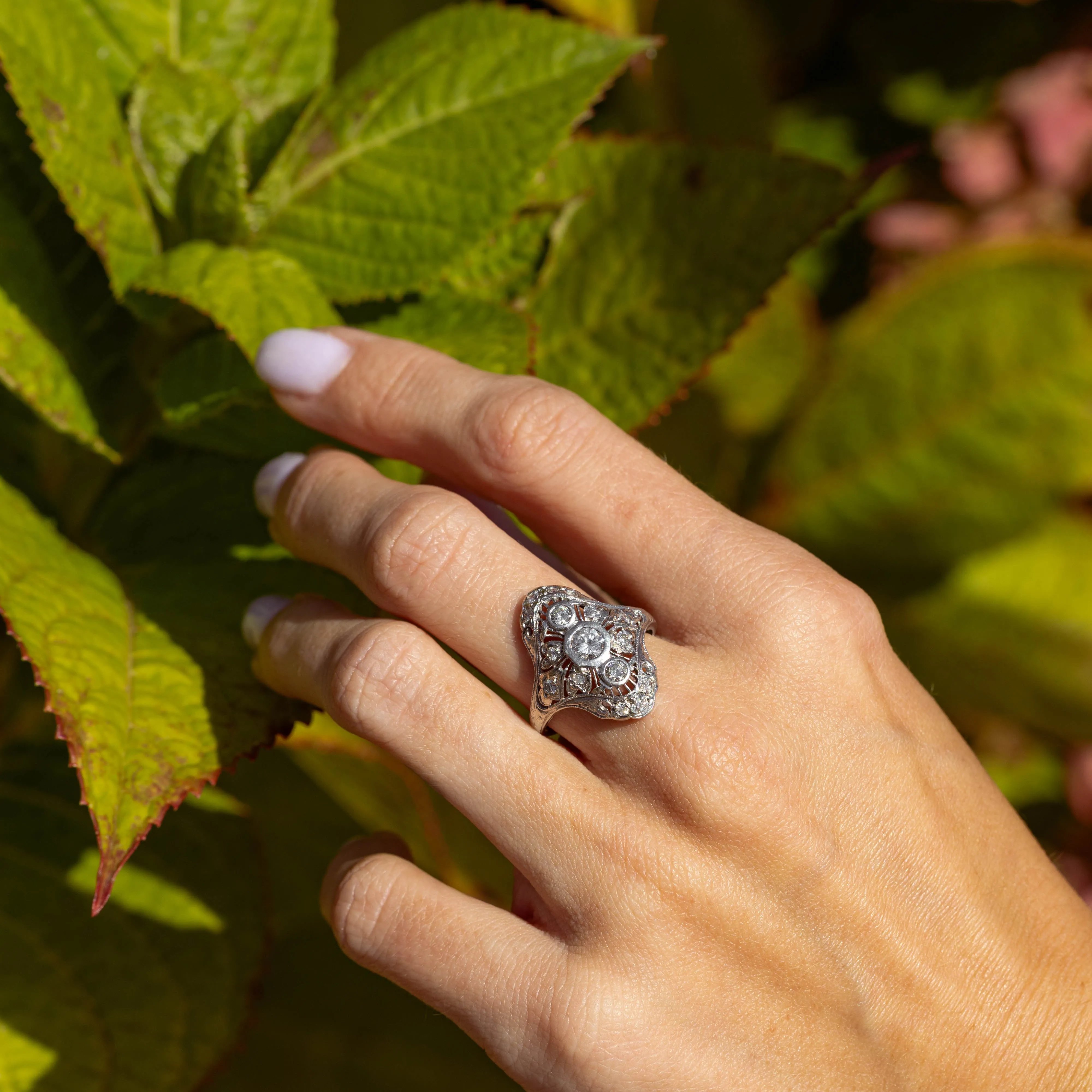 Art Deco Platinum 0.50 Carat Diamond Filigree Shield Ring