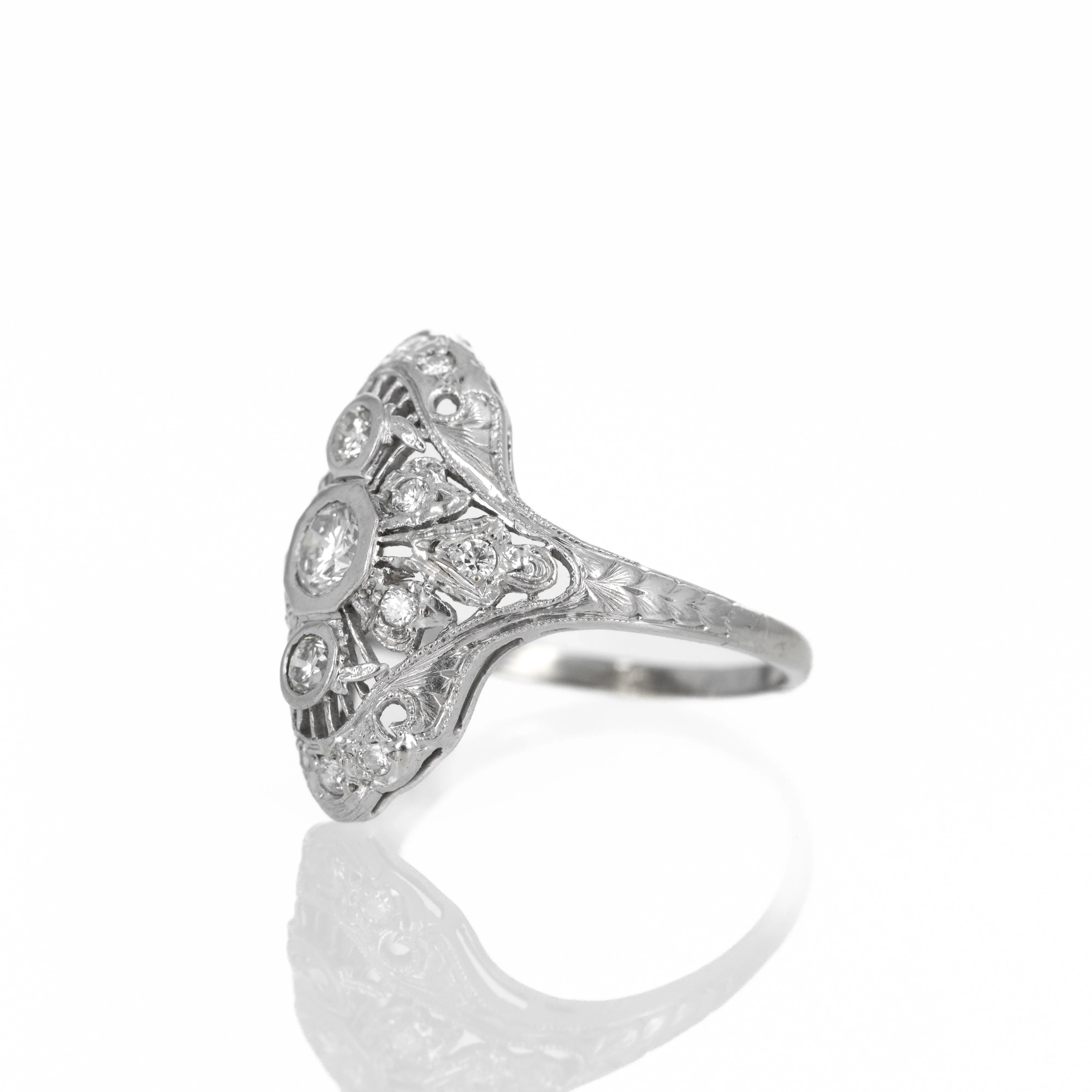 Art Deco Platinum 0.50 Carat Diamond Filigree Shield Ring