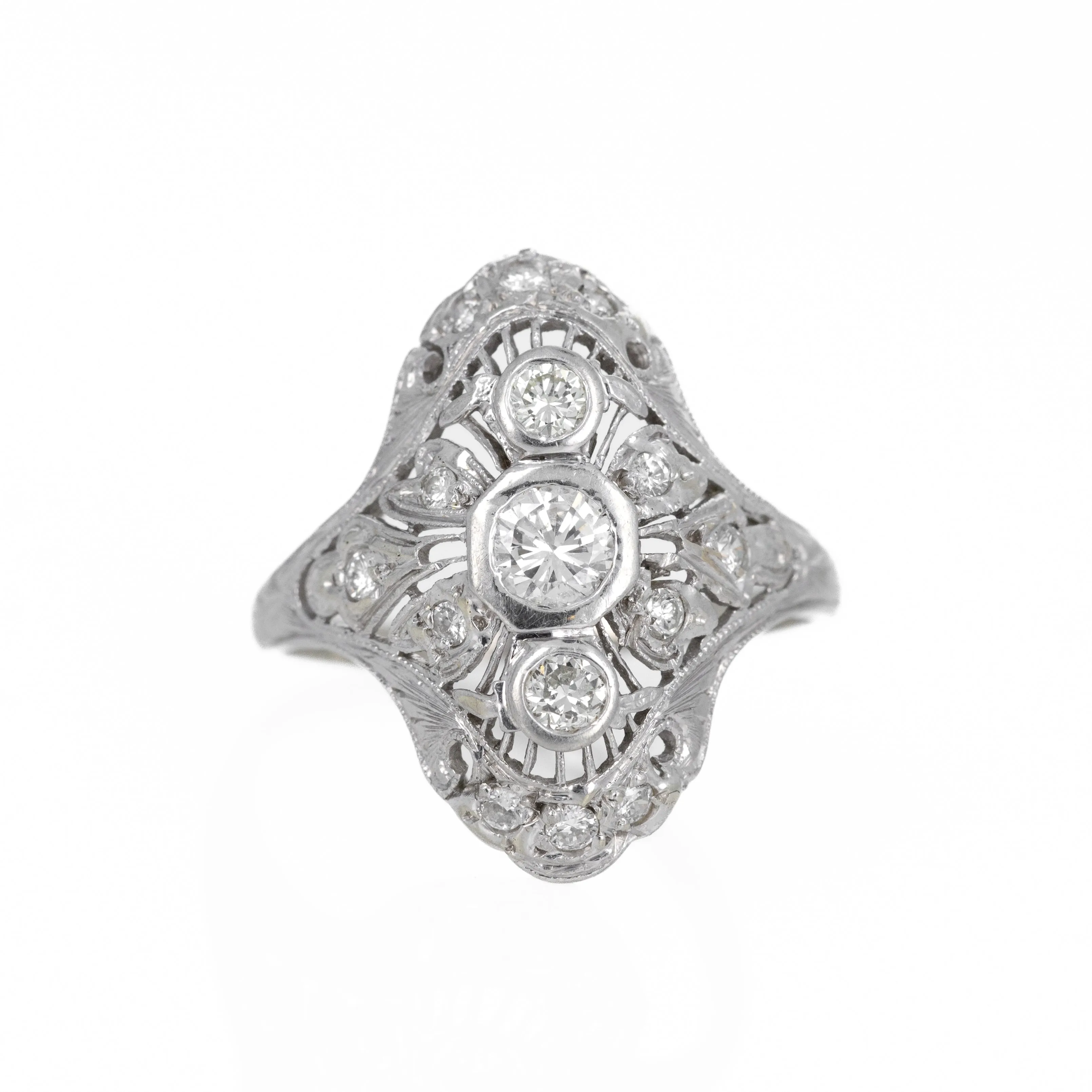 Art Deco Platinum 0.50 Carat Diamond Filigree Shield Ring