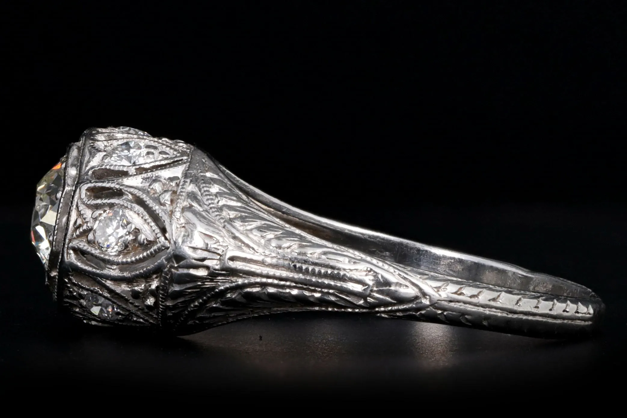 Art Deco Platinum 0.55 Carat Old European Diamond Filigree Engagement Ring