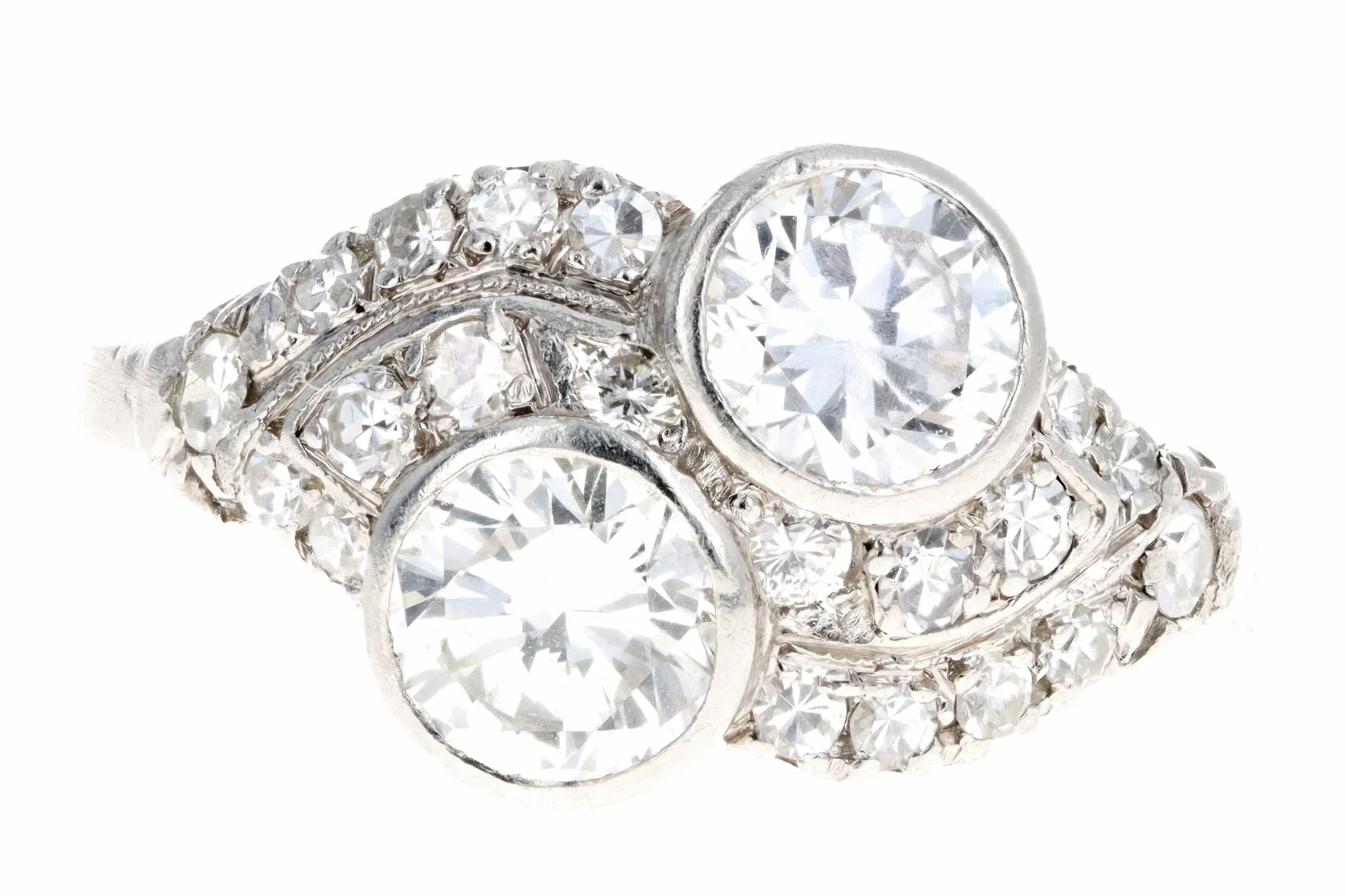 Art Deco Platinum 1.70 Carat Total Weight Diamond Two Stone Ring