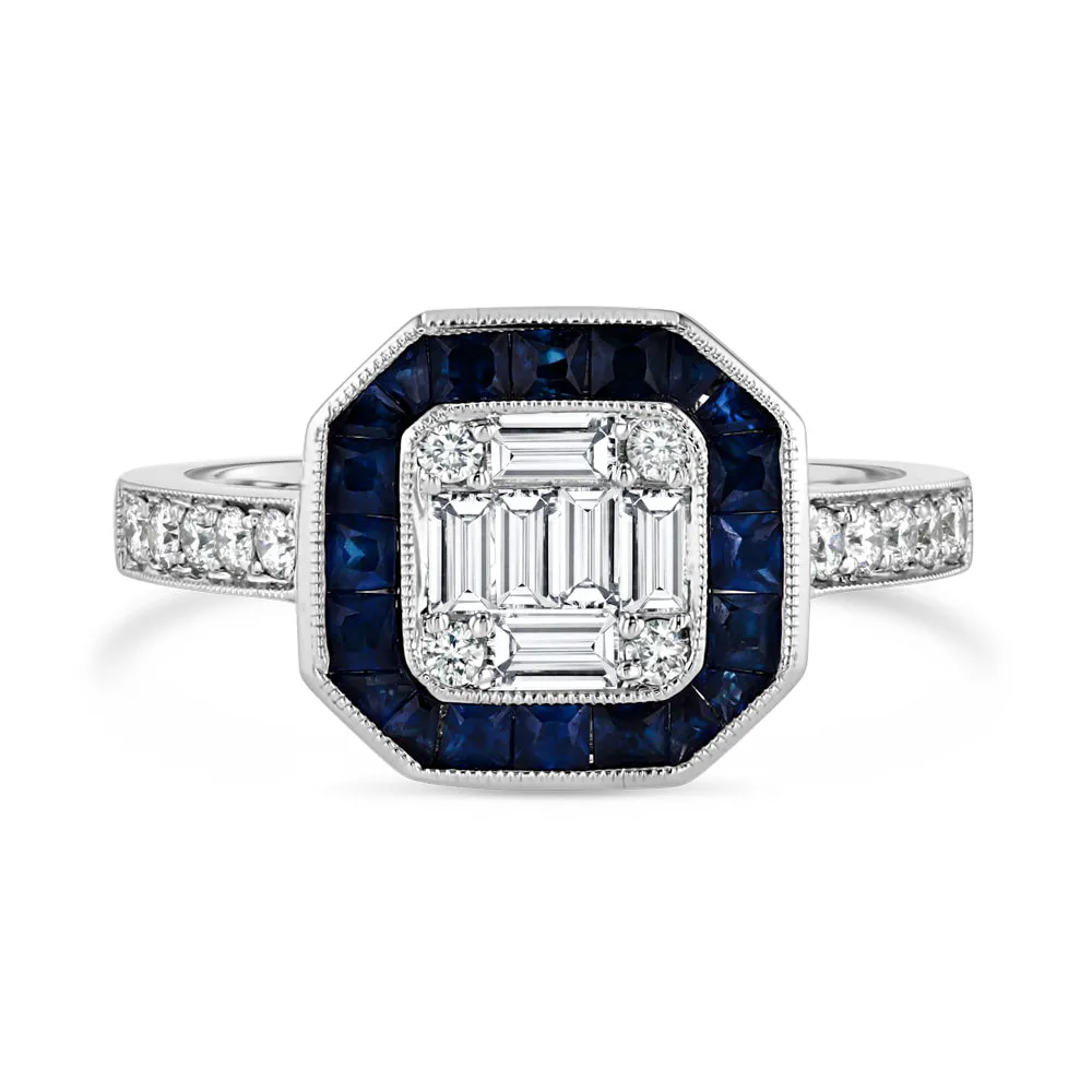 Art Deco Ring with Sapphire Halo