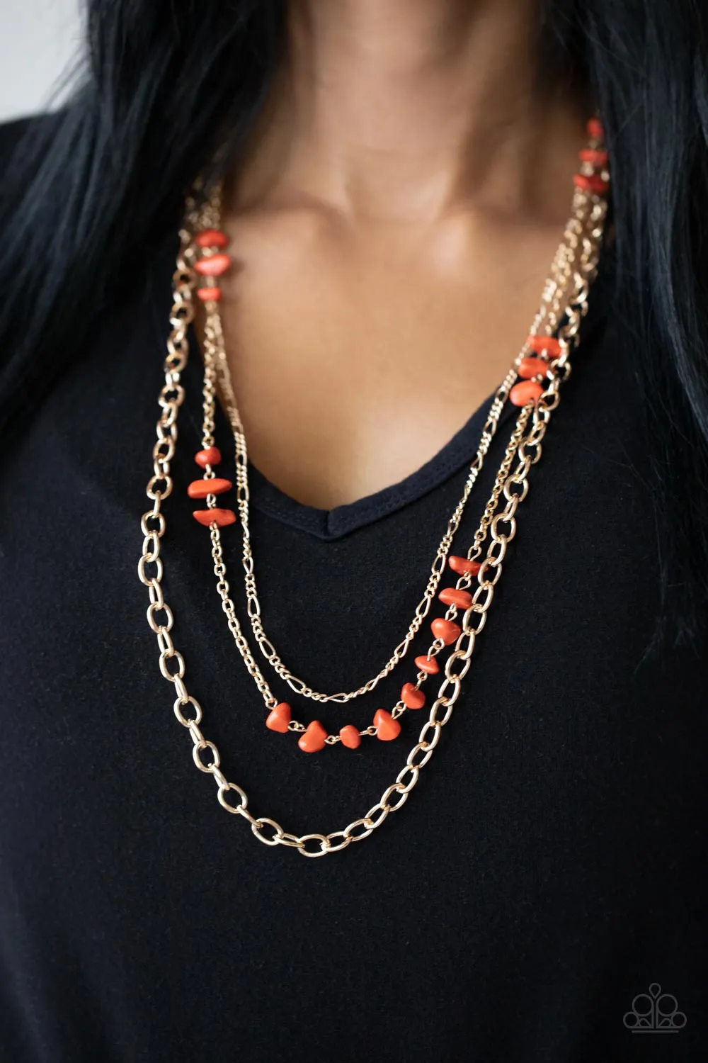 Artisanal Abundance - Orange - Stone Gold Chain Tiered Paparazzi Necklace