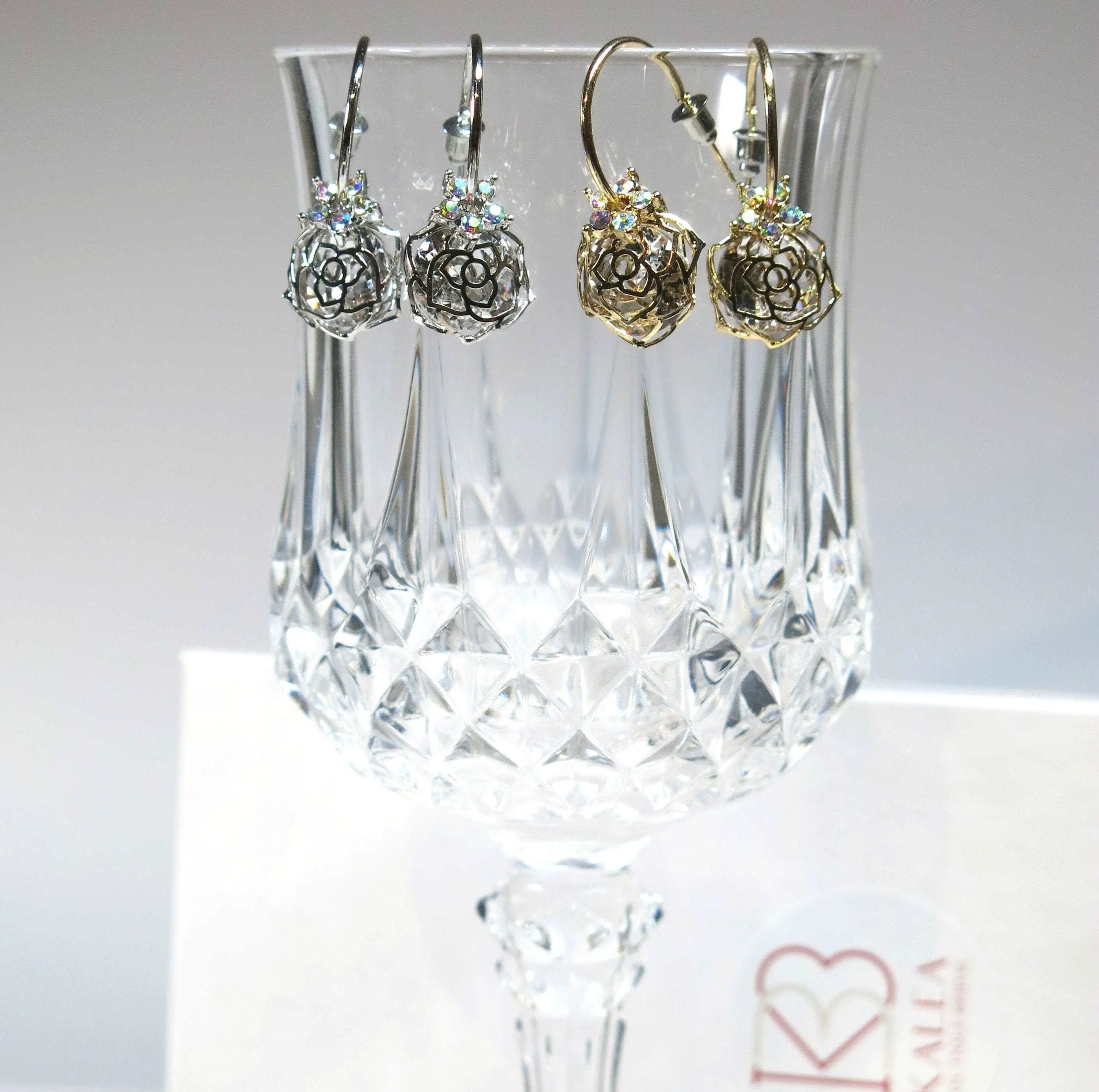 Aurora Borealis Flower Charm Hoop Earrings, AB Crystal Hooped Studs, Wedding Bridal or Bridesmaid Hoop Earring Studs