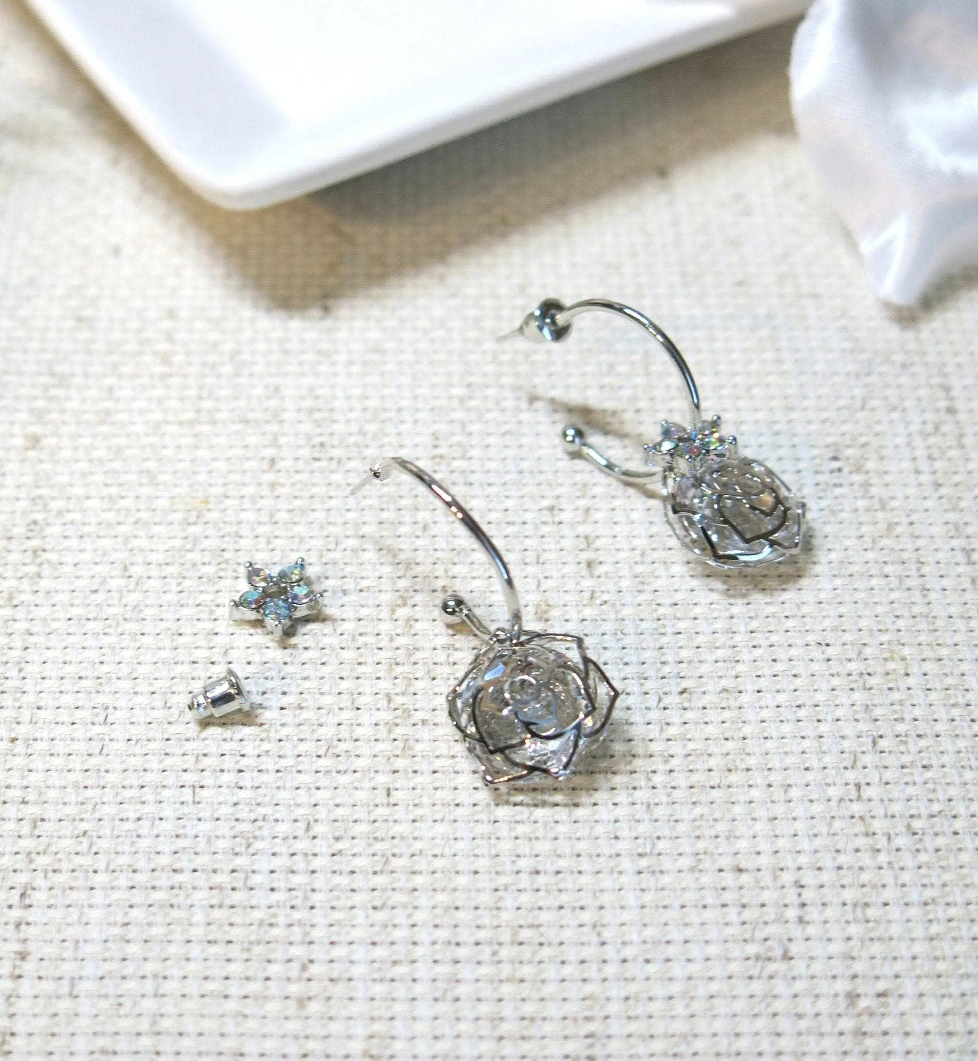 Aurora Borealis Flower Charm Hoop Earrings, AB Crystal Hooped Studs, Wedding Bridal or Bridesmaid Hoop Earring Studs
