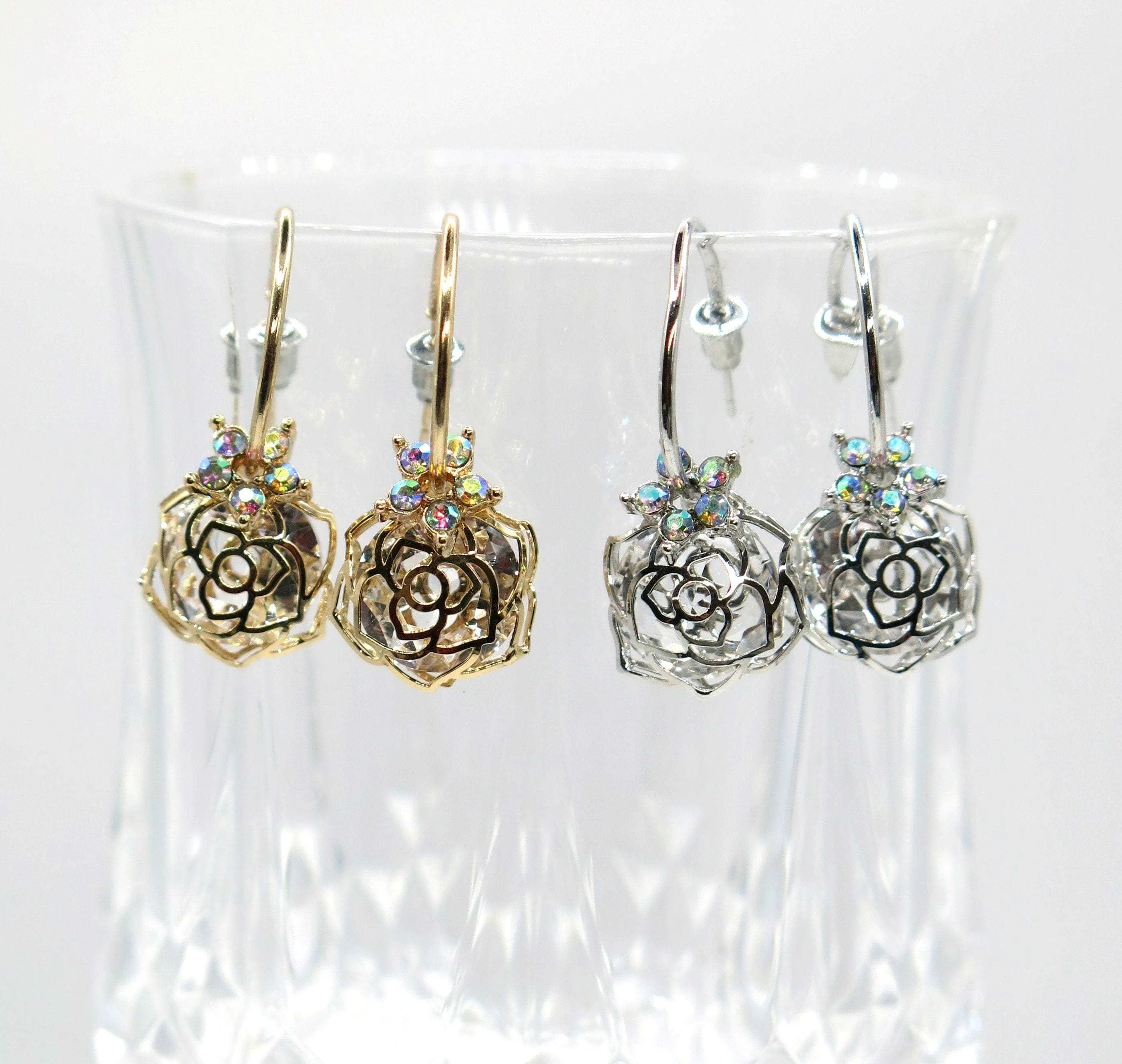 Aurora Borealis Flower Charm Hoop Earrings, AB Crystal Hooped Studs, Wedding Bridal or Bridesmaid Hoop Earring Studs