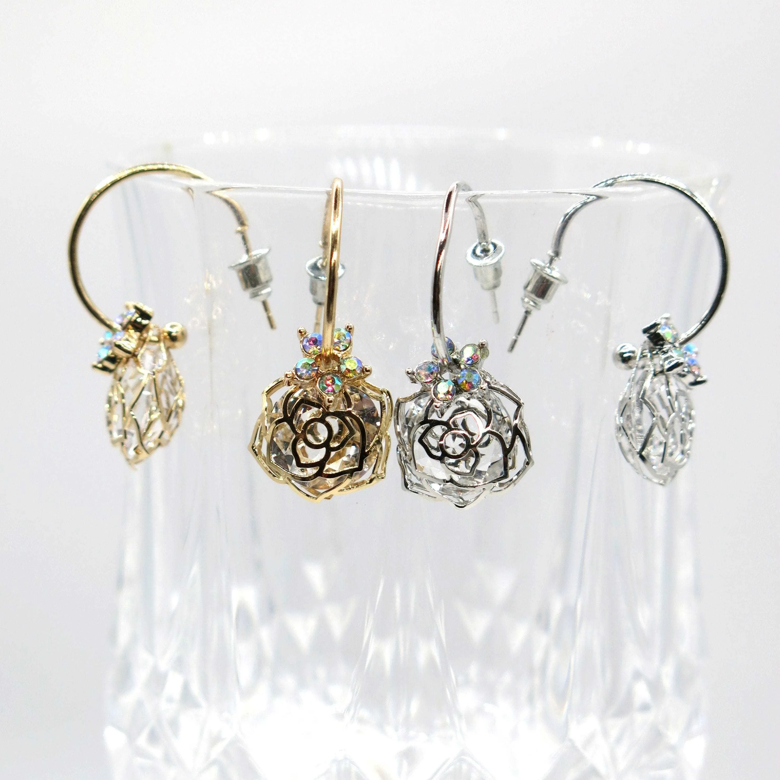 Aurora Borealis Flower Charm Hoop Earrings, AB Crystal Hooped Studs, Wedding Bridal or Bridesmaid Hoop Earring Studs