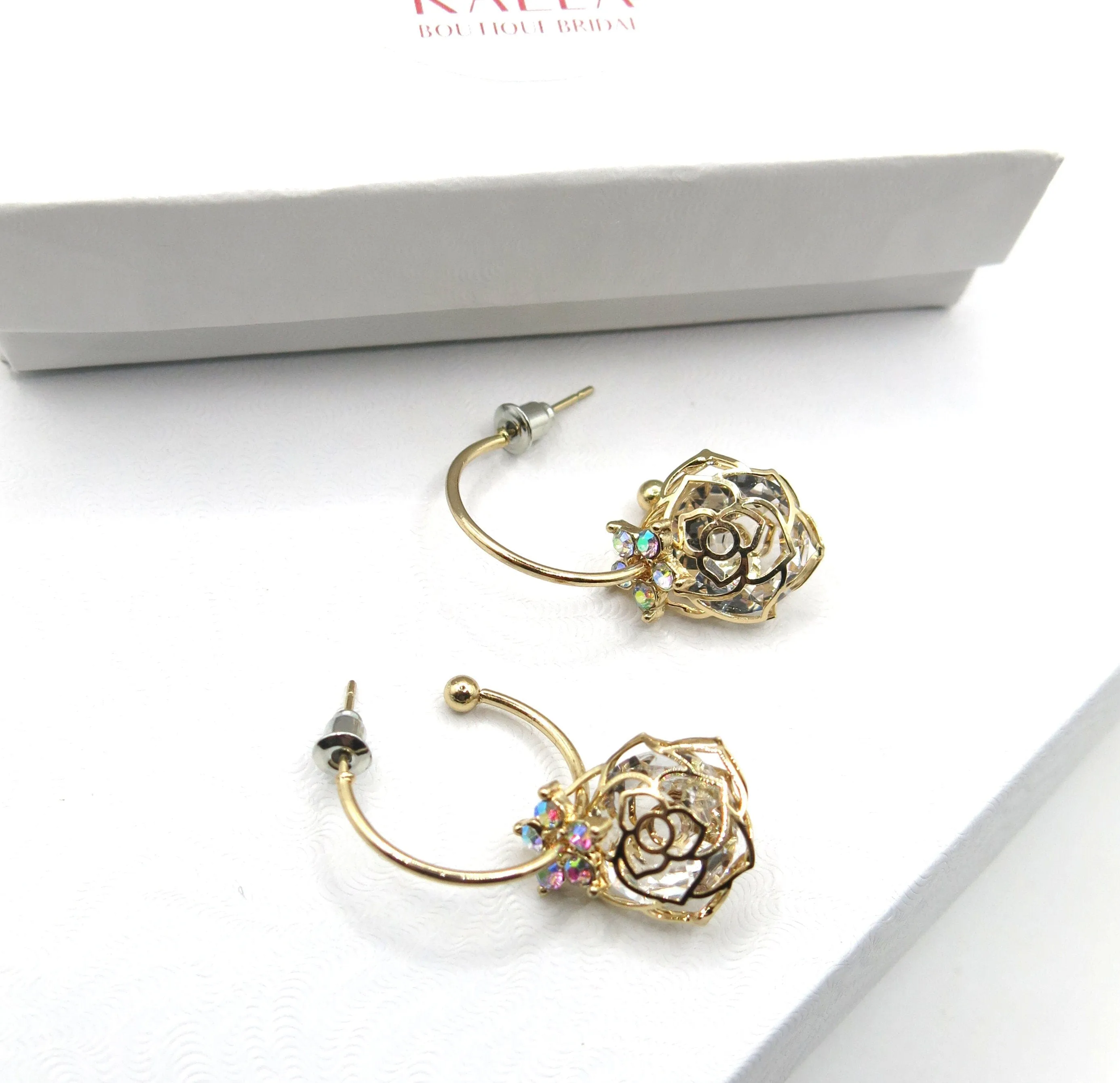 Aurora Borealis Flower Charm Hoop Earrings, AB Crystal Hooped Studs, Wedding Bridal or Bridesmaid Hoop Earring Studs