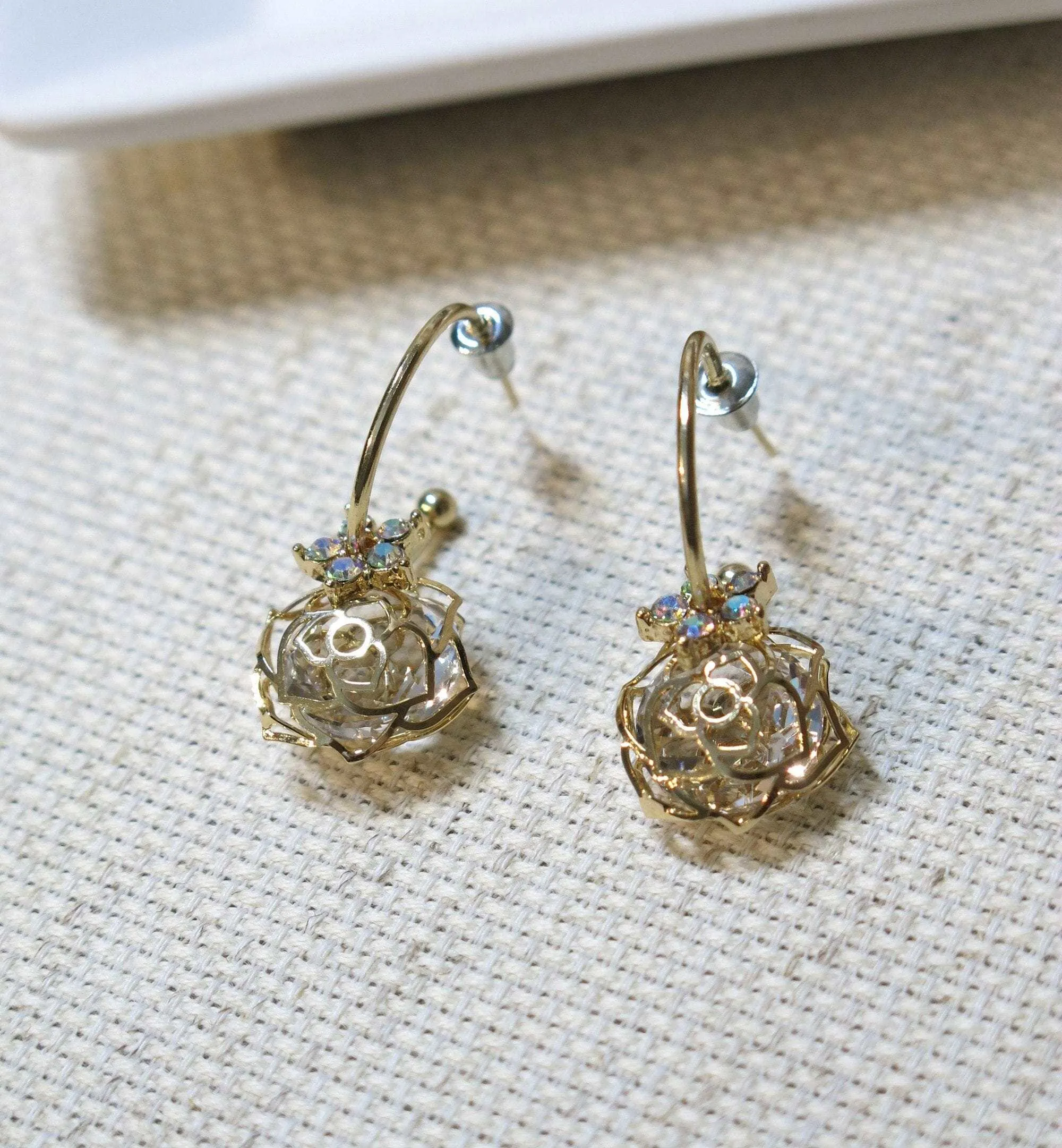 Aurora Borealis Flower Charm Hoop Earrings, AB Crystal Hooped Studs, Wedding Bridal or Bridesmaid Hoop Earring Studs