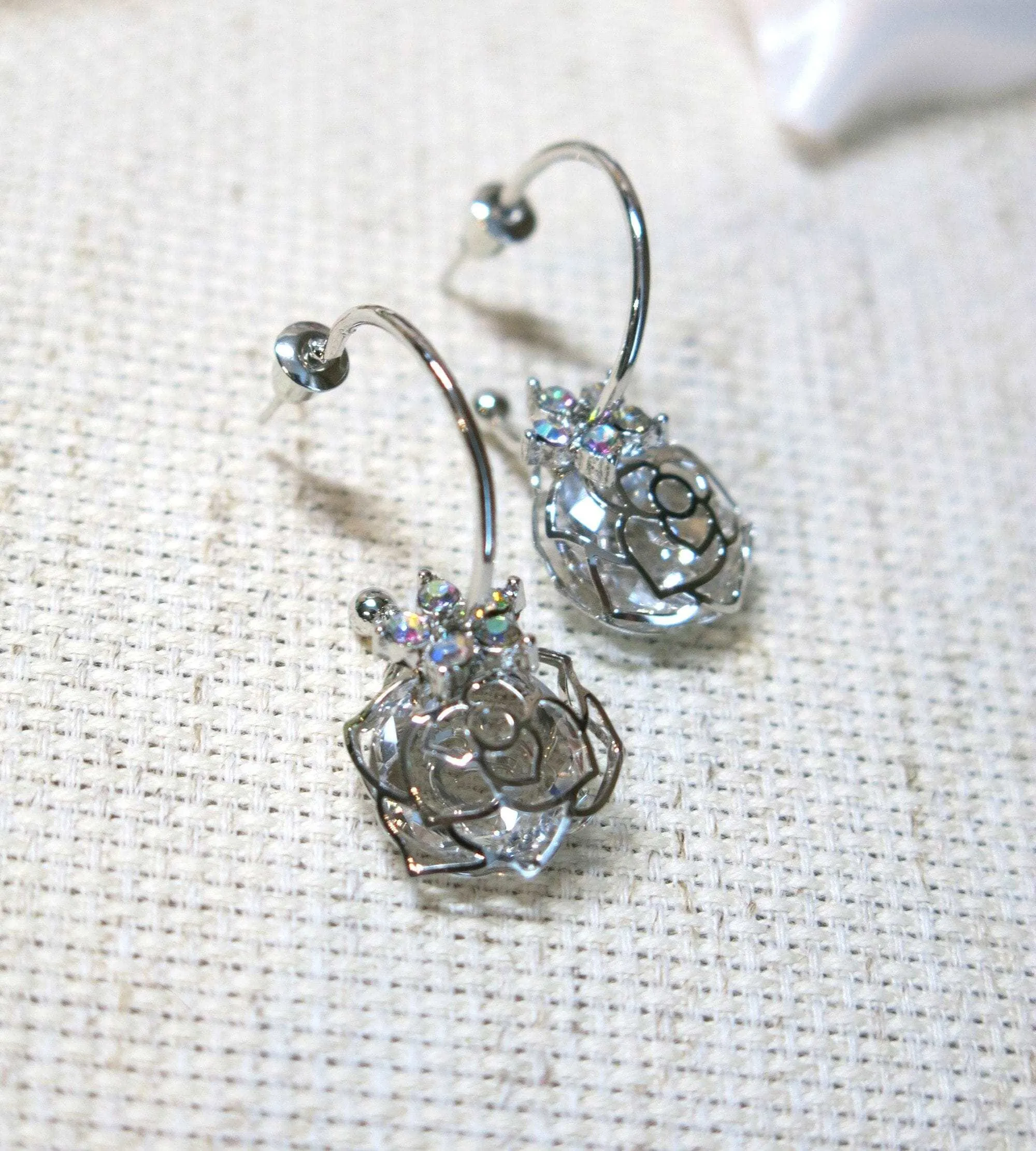 Aurora Borealis Flower Charm Hoop Earrings, AB Crystal Hooped Studs, Wedding Bridal or Bridesmaid Hoop Earring Studs