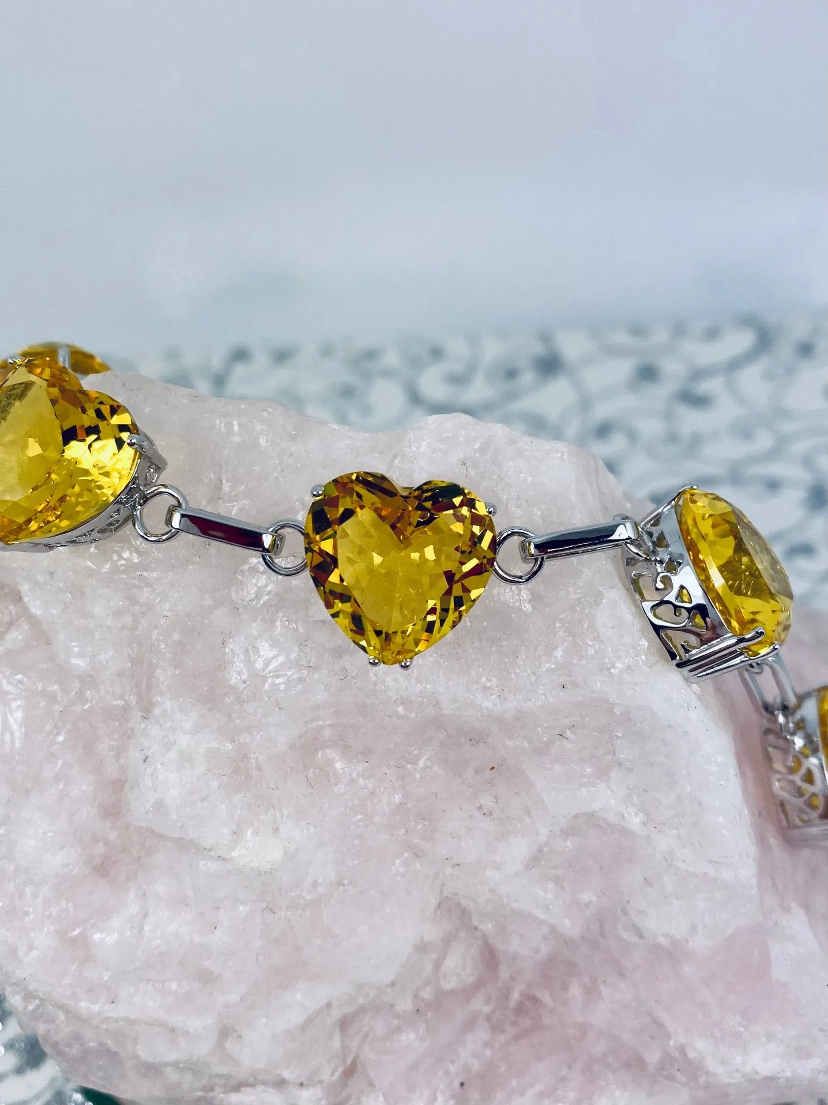 B38, Heart Bracelet, Faceted Heart Gems, Victorian Reproduction Jewelry #B38