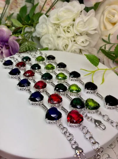 B38, Heart Bracelet, Faceted Heart Gems, Victorian Reproduction Jewelry #B38