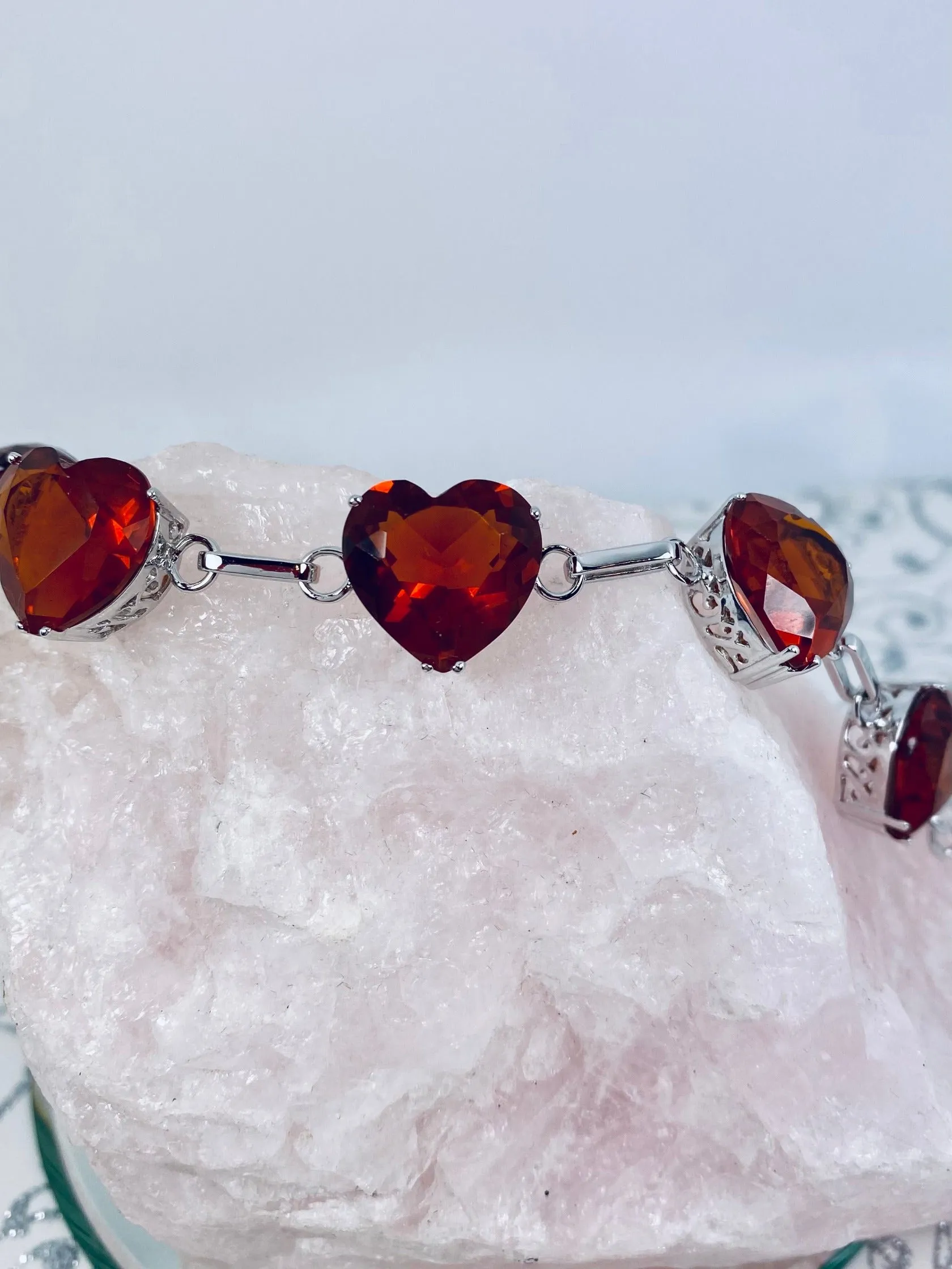B38, Heart Bracelet, Faceted Heart Gems, Victorian Reproduction Jewelry #B38