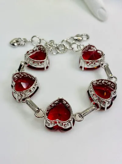 B38, Heart Bracelet, Faceted Heart Gems, Victorian Reproduction Jewelry #B38