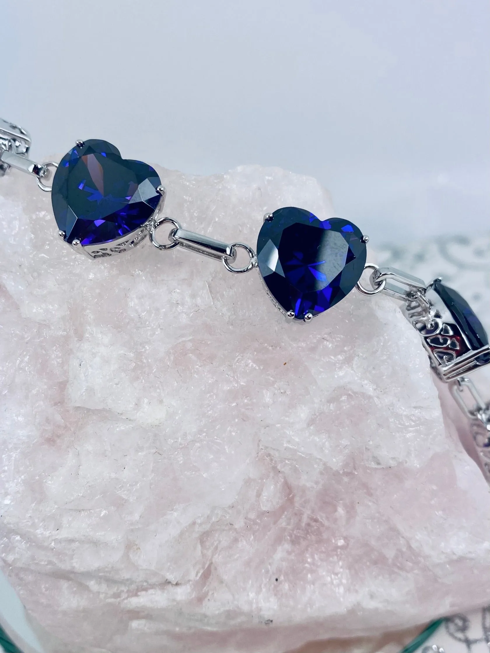 B38, Heart Bracelet, Faceted Heart Gems, Victorian Reproduction Jewelry #B38