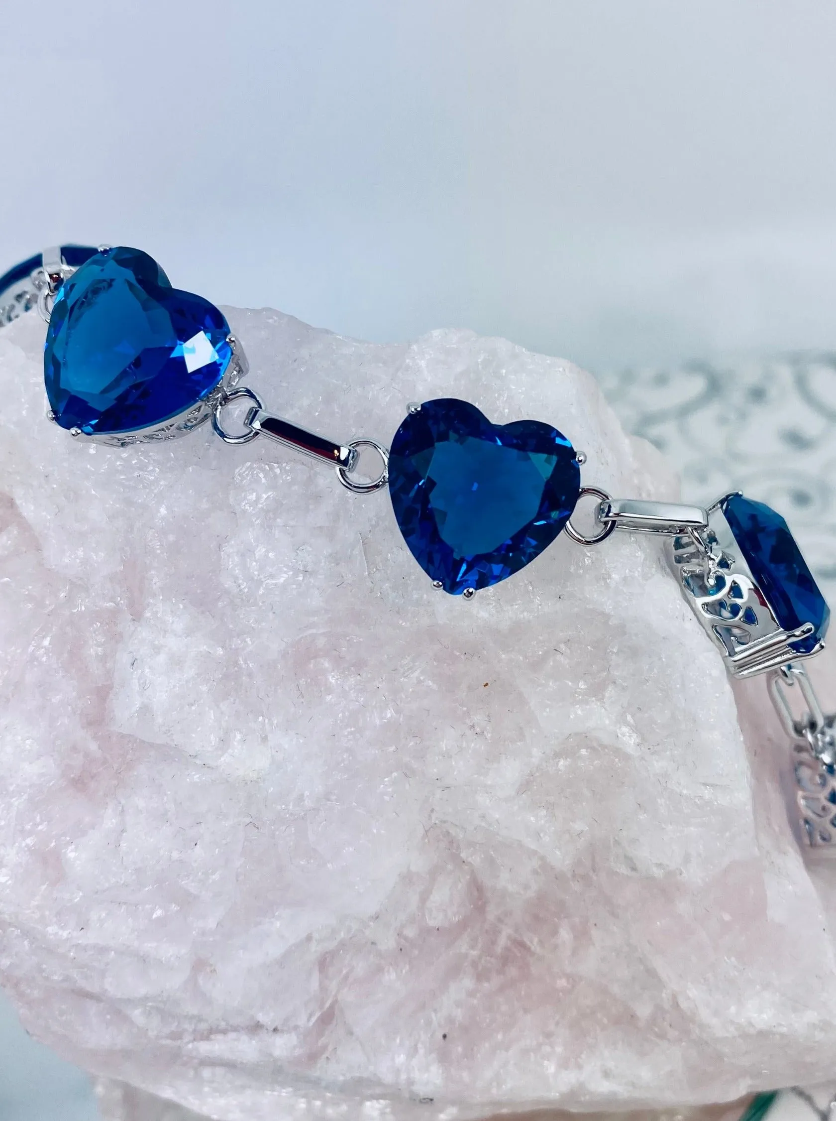 B38, Heart Bracelet, Faceted Heart Gems, Victorian Reproduction Jewelry #B38