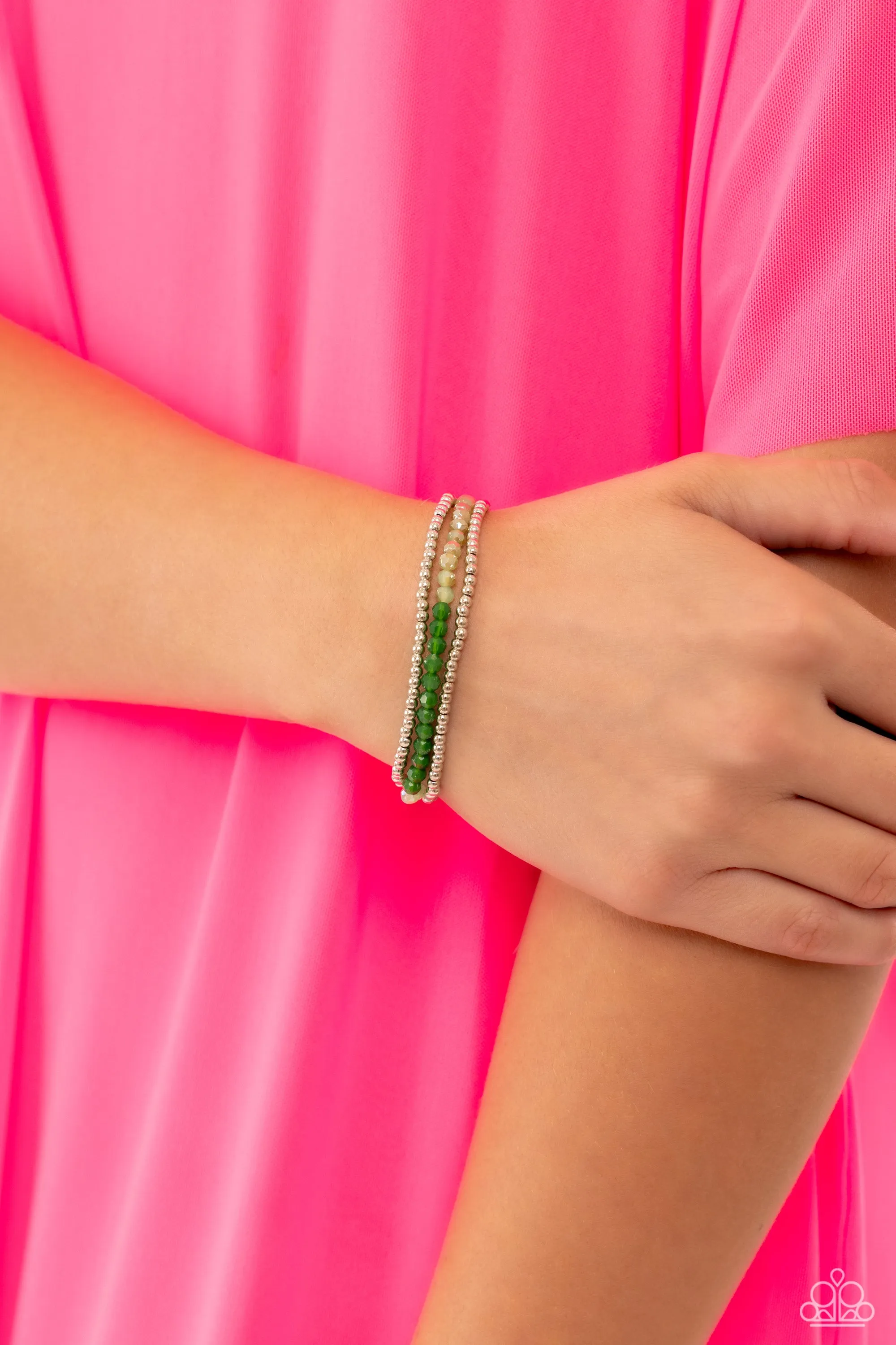 Backstage Beading - Green - Faceted and Gold-Flecked Paparazzi Stretchy Bracelet