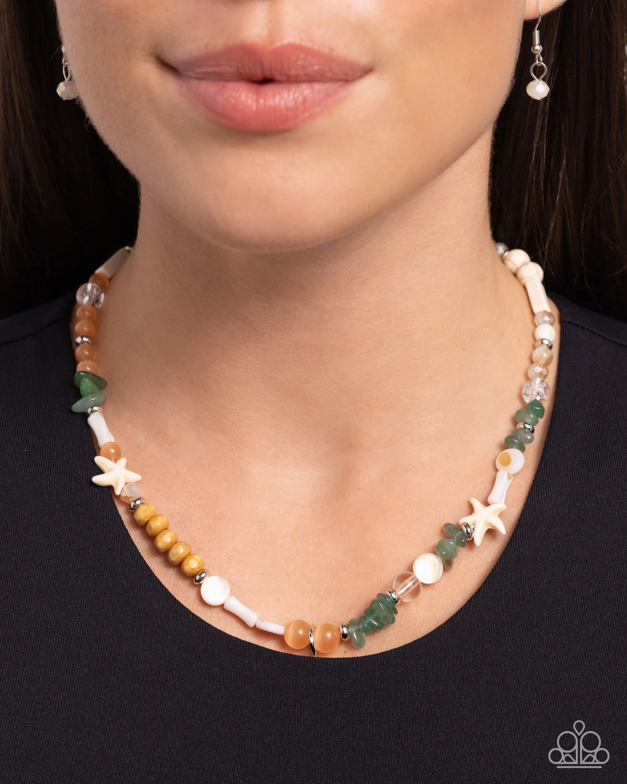 Beachy Beginner - Green - Stone, Wood, and Cat's Eye Bead Paparazzi Short Necklace