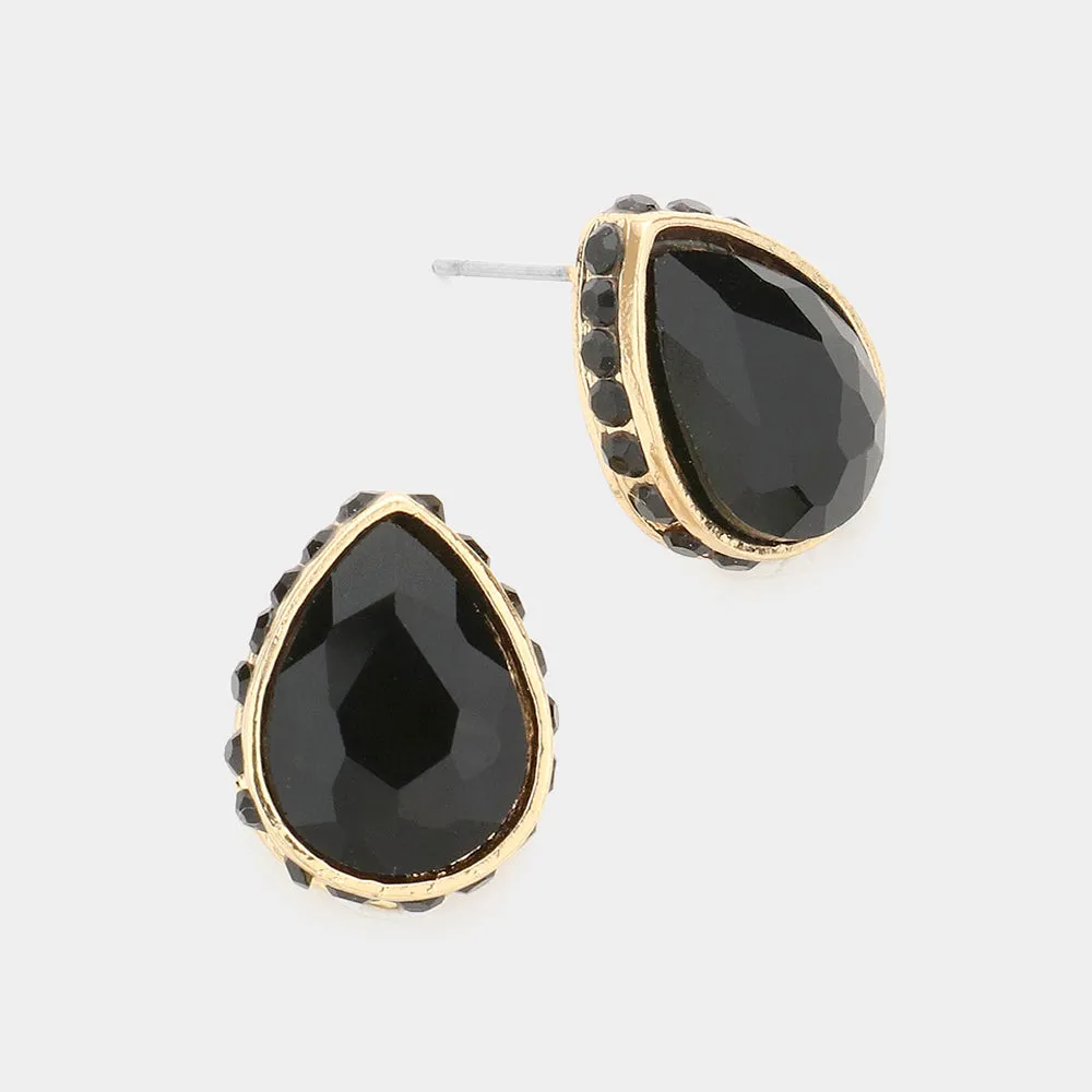 Black Rhinestone Trimmed Teardrop Stone Pageant Stud Earrings  | Interview Earrings | 599148