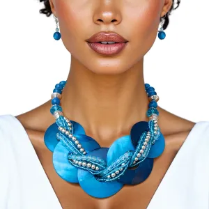 Blue Shell Disc Beaded Necklace Set with Layered Beads and Matching Earrings