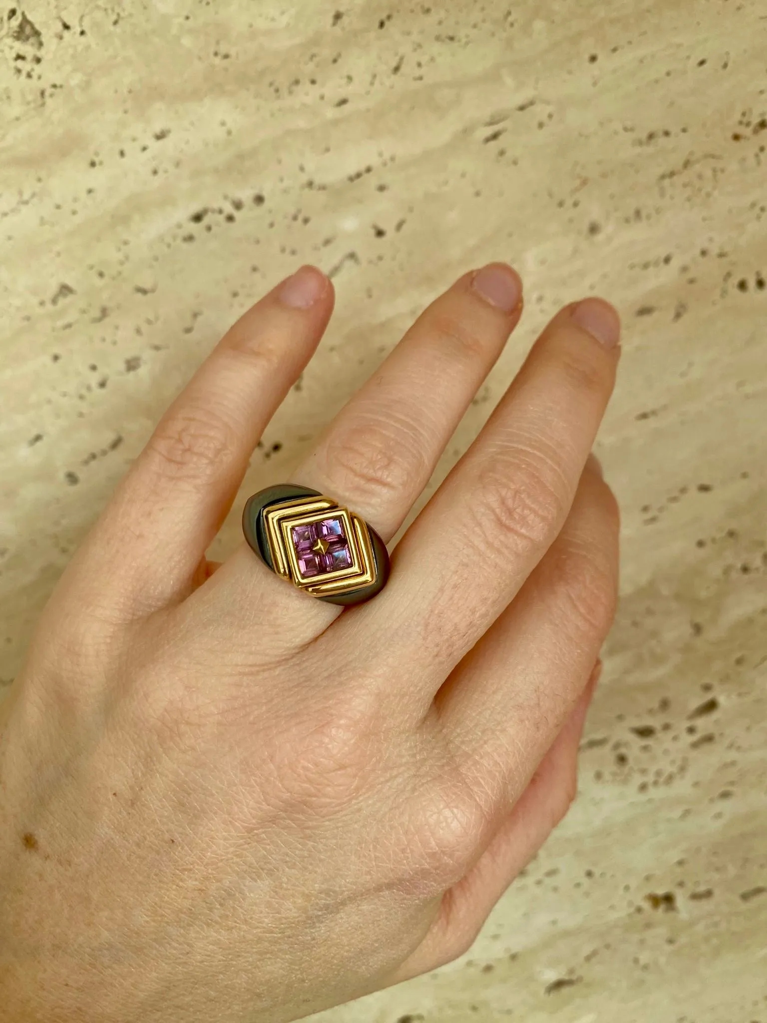 Bulgari Hematite & Tourmaline Gold Ring