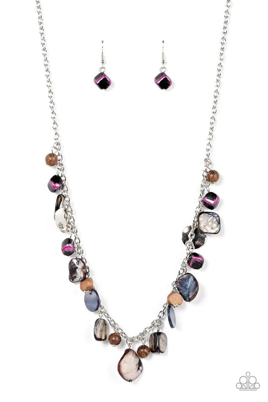 Caribbean Charisma - Pink - Iridescent Stone Wooden Bead Paparazzi Short Necklace