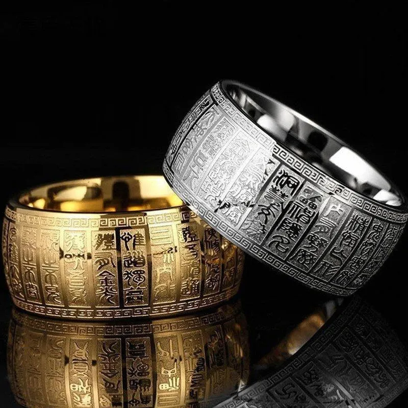 Carved Ancient Chinese Buddhist Scripture Supernatural Signet Rings Stainless Steel Gold