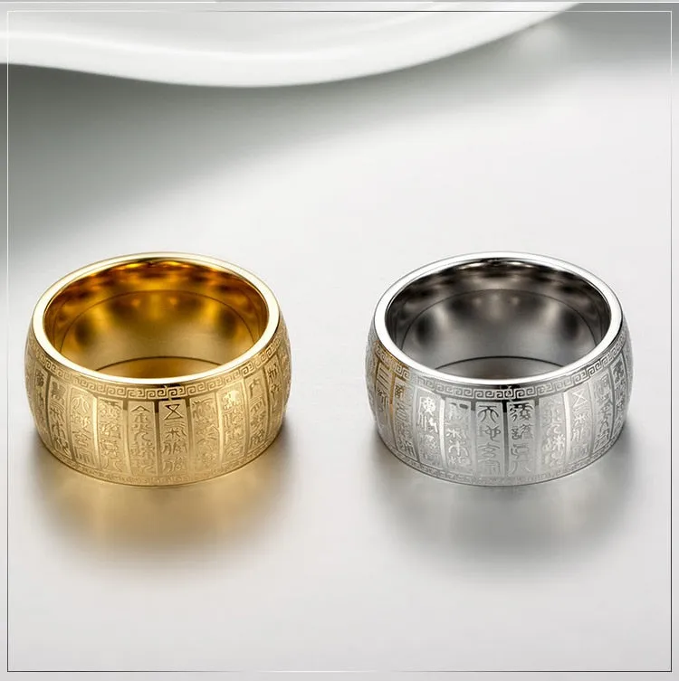 Carved Ancient Chinese Buddhist Scripture Supernatural Signet Rings Stainless Steel Gold
