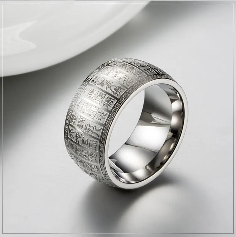 Carved Ancient Chinese Buddhist Scripture Supernatural Signet Rings Stainless Steel Gold