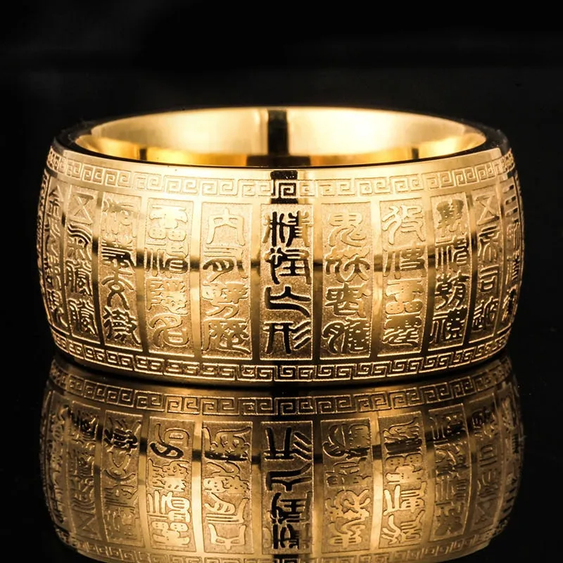 Carved Ancient Chinese Buddhist Scripture Supernatural Signet Rings Stainless Steel Gold