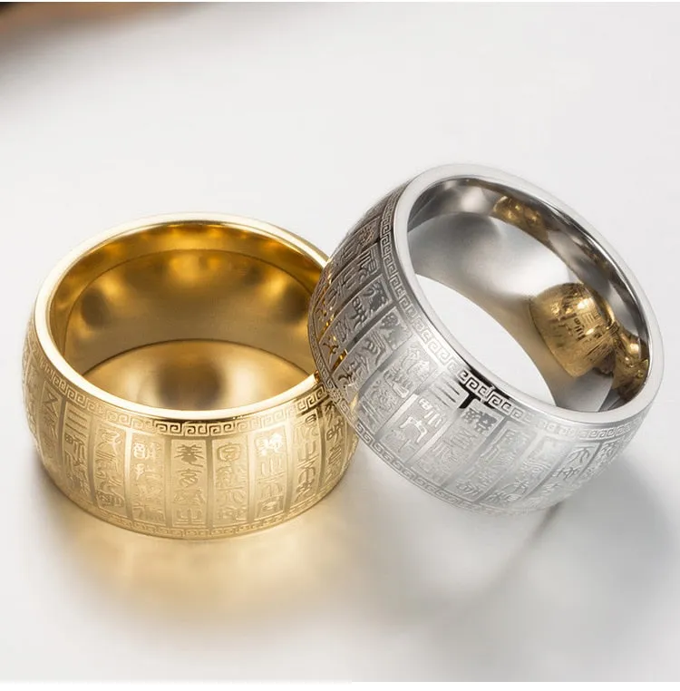 Carved Ancient Chinese Buddhist Scripture Supernatural Signet Rings Stainless Steel Gold