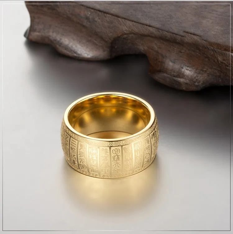 Carved Ancient Chinese Buddhist Scripture Supernatural Signet Rings Stainless Steel Gold