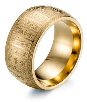 Carved Ancient Chinese Buddhist Scripture Supernatural Signet Rings Stainless Steel Gold
