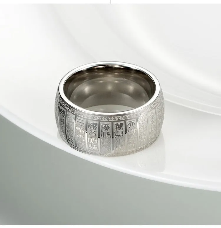 Carved Ancient Chinese Buddhist Scripture Supernatural Signet Rings Stainless Steel Gold