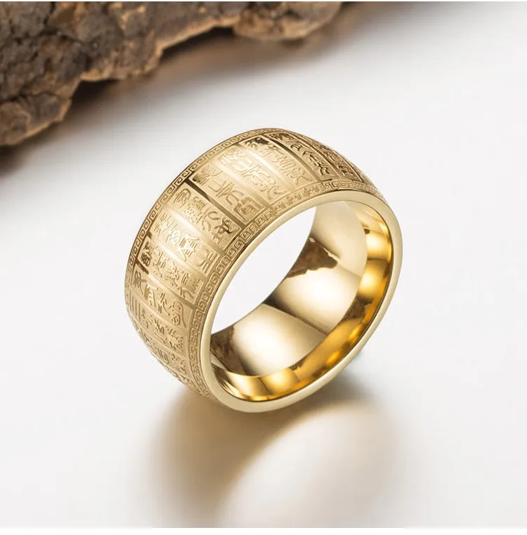 Carved Ancient Chinese Buddhist Scripture Supernatural Signet Rings Stainless Steel Gold