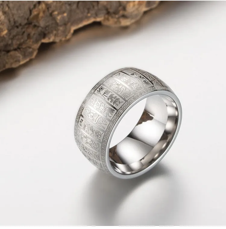 Carved Ancient Chinese Buddhist Scripture Supernatural Signet Rings Stainless Steel Gold
