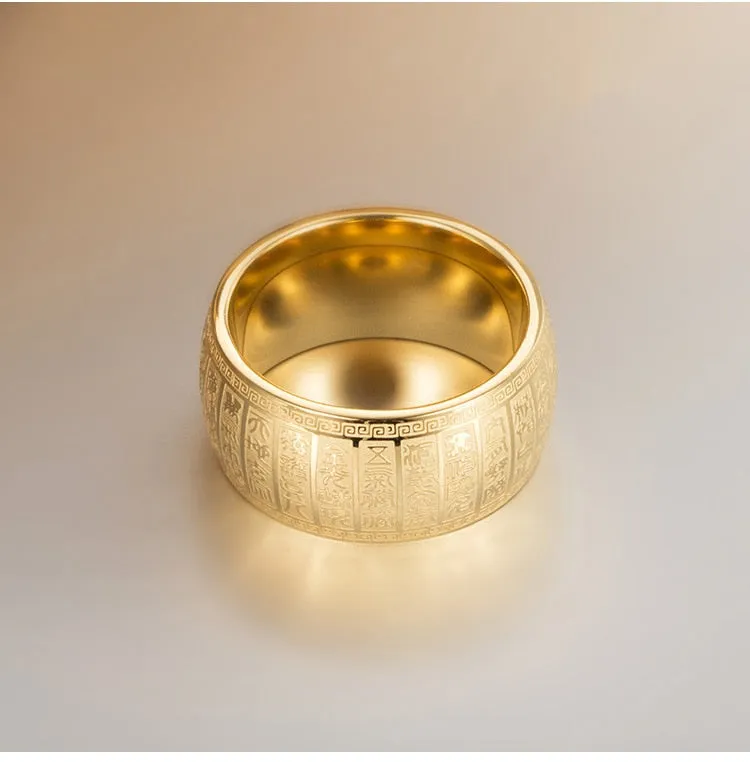 Carved Ancient Chinese Buddhist Scripture Supernatural Signet Rings Stainless Steel Gold
