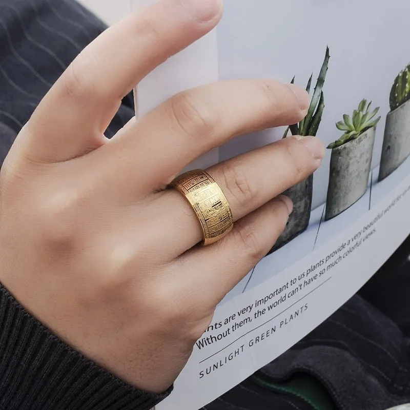 Carved Ancient Chinese Buddhist Scripture Supernatural Signet Rings Stainless Steel Gold